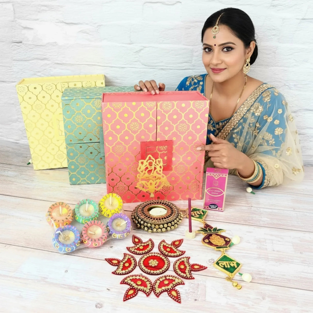 Diwali Gift Hamper Indian Festival Gift Box with Clay Diya Shadow Laxmi Candle Holder Rangoli Shubh Labh Hanger Navratri Hampers for Employees Friends Family Relatives - Return Gifts Items - LoveNspire