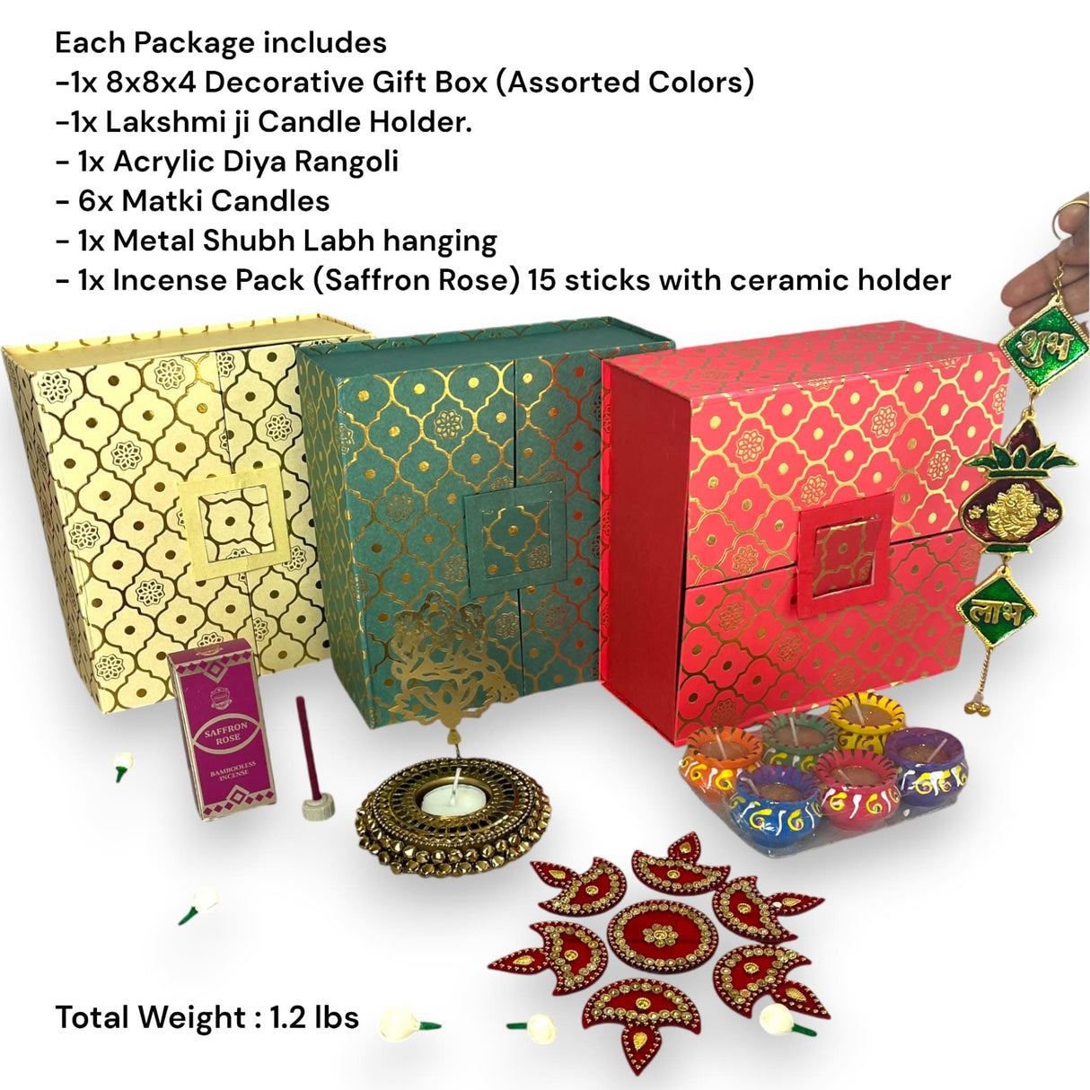 Diwali gift set with Indian festival hamper including diya, candle holder, rangoli, and return gifts