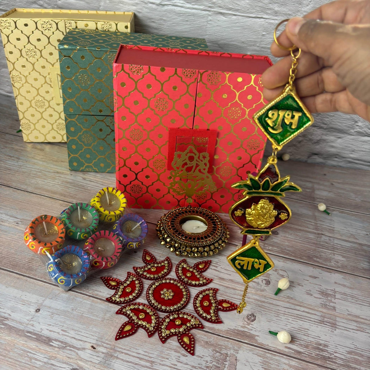 Diwali Gift Hamper Indian Festival Gift Box with Clay Diya Shadow Laxmi Candle Holder Rangoli Shubh Labh Hanger Navratri Hampers for Employees Friends Family Relatives - Return Gifts Items - LoveNspire