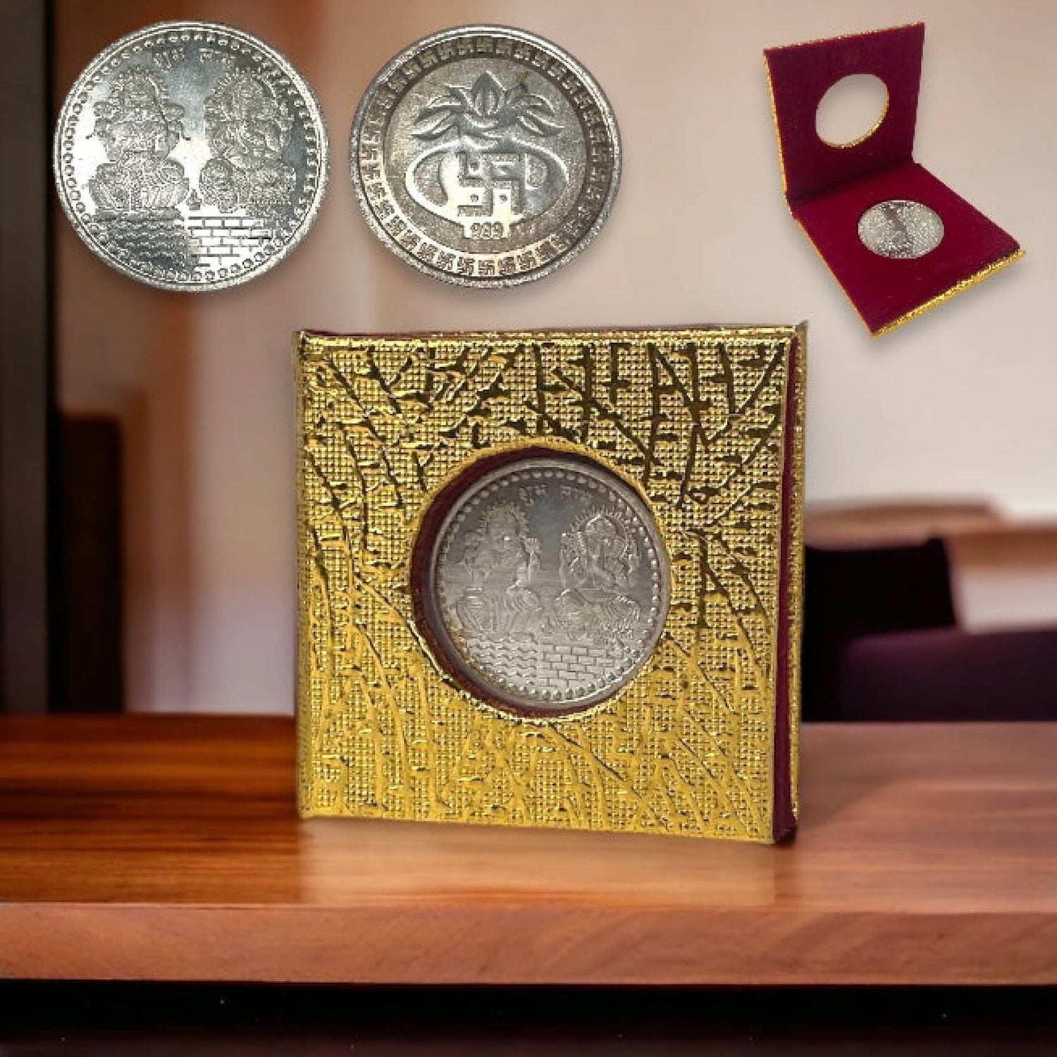 Silver coins in decorative boxes for Diwali gift hampers and festive celebrations