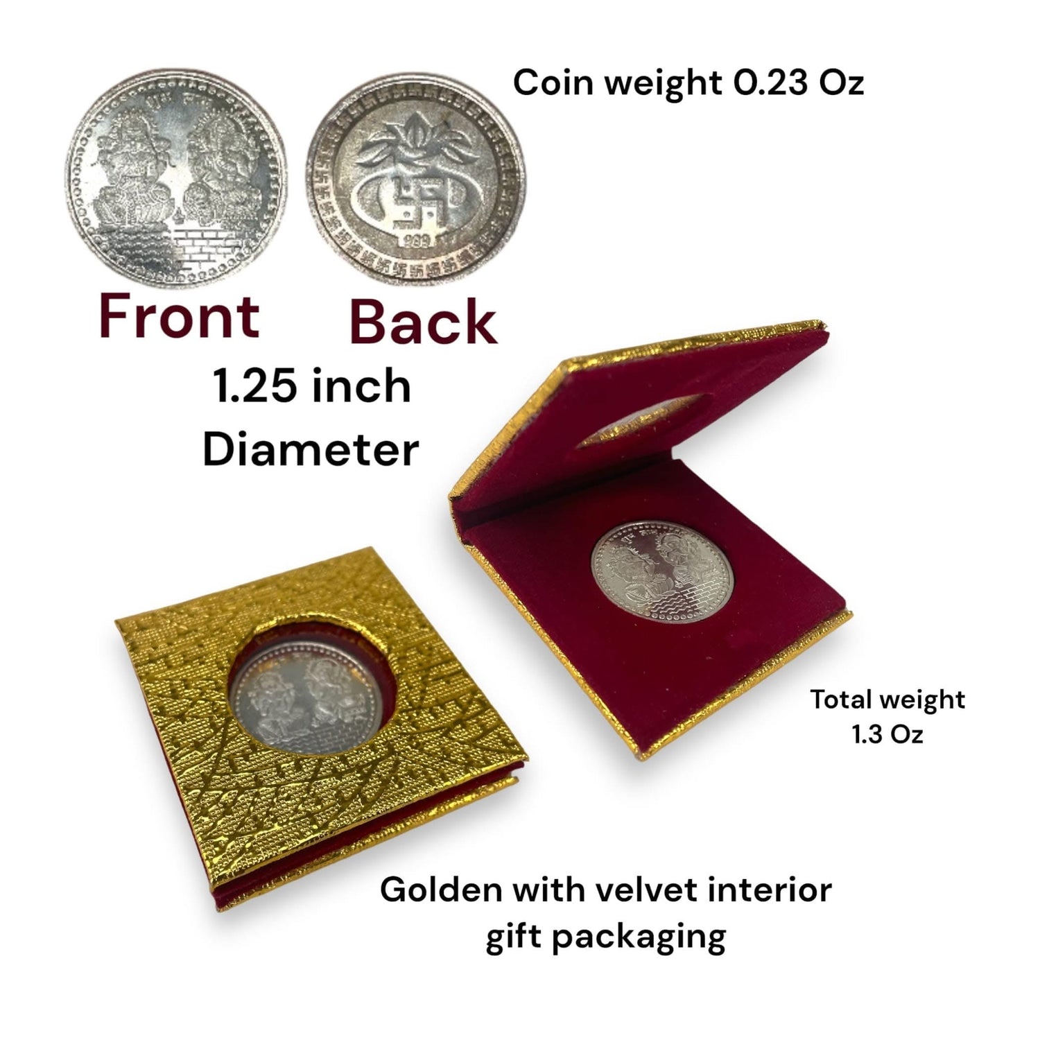 Silver coin in golden velvet-lined gift packaging for Diwali celebration