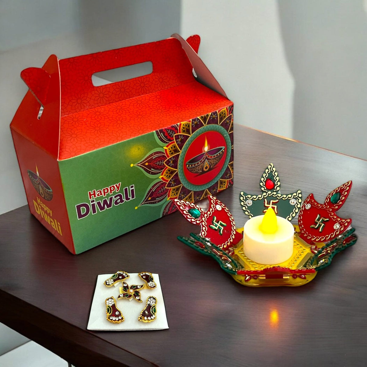 Diwali gift set featuring Indian festival hampers, Rangoli set, and Lakshmi feet