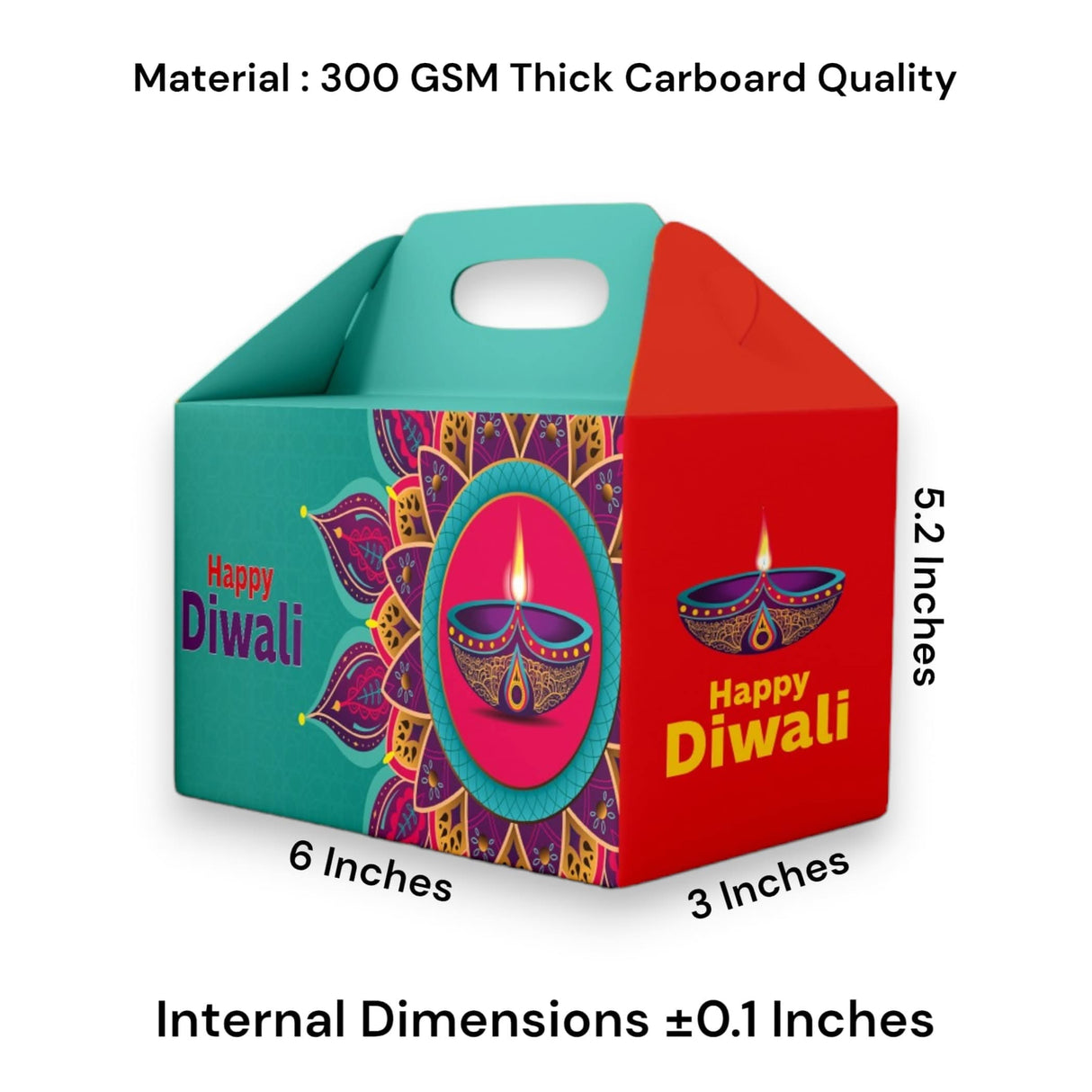 Diwali-themed cardboard gift box with handle and decorative design for festival gifting