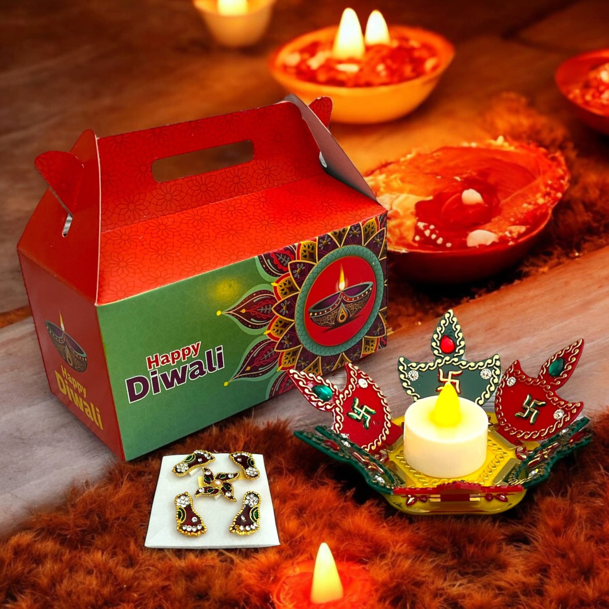 Diwali gift box with decorative candle and embellishments for festival celebrations