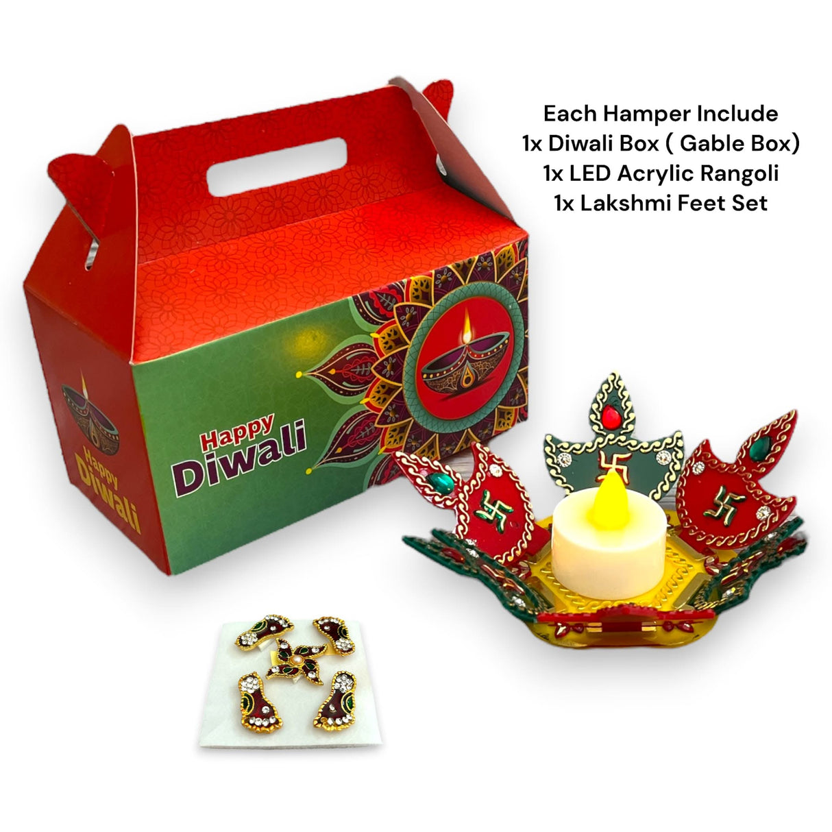 Diwali gift hamper with gable box, acrylic Rangoli set, Lakshmi feet for festive celebrations