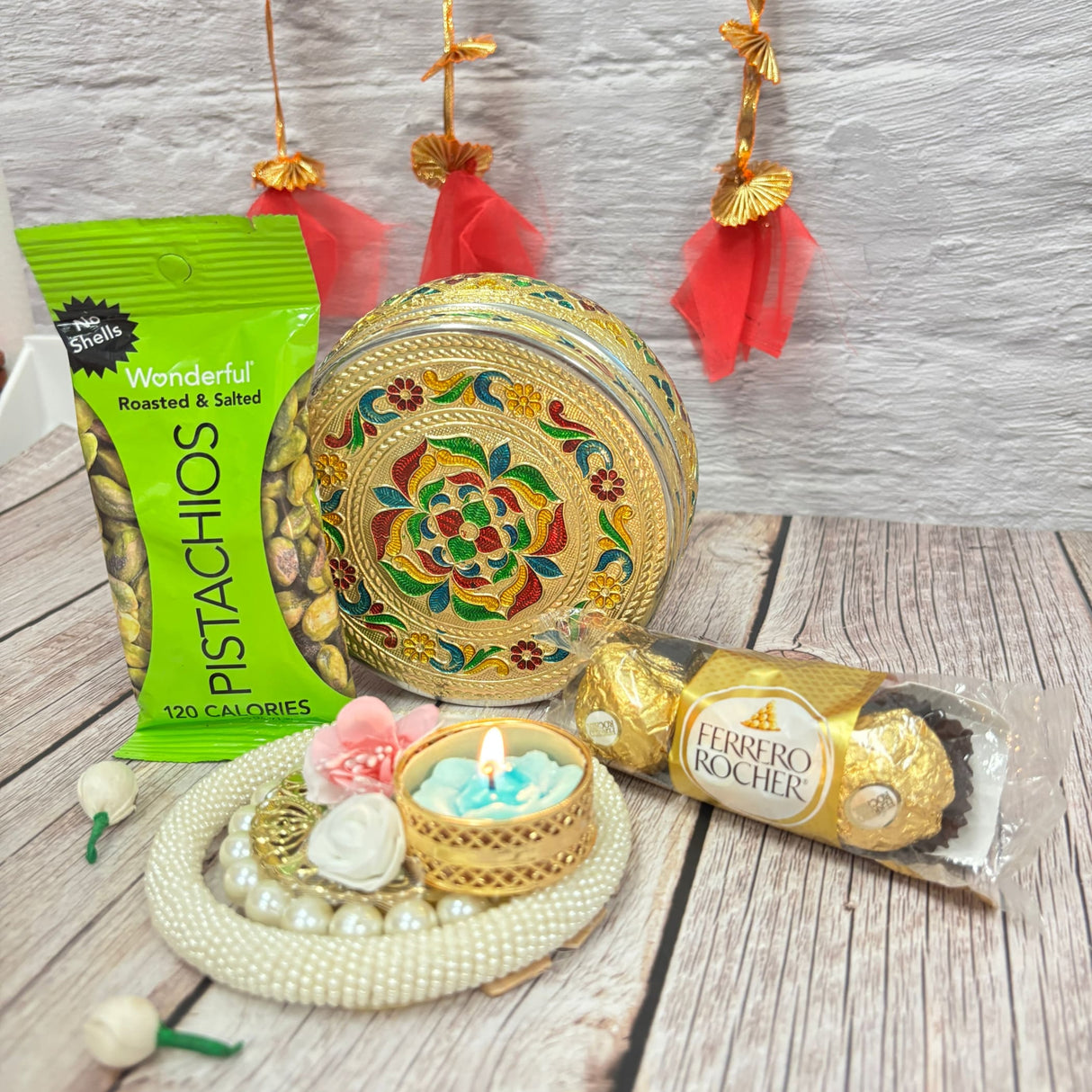 Diwali gift hamper with pistachios chocolates decorative box candle stainless steel sweet box
