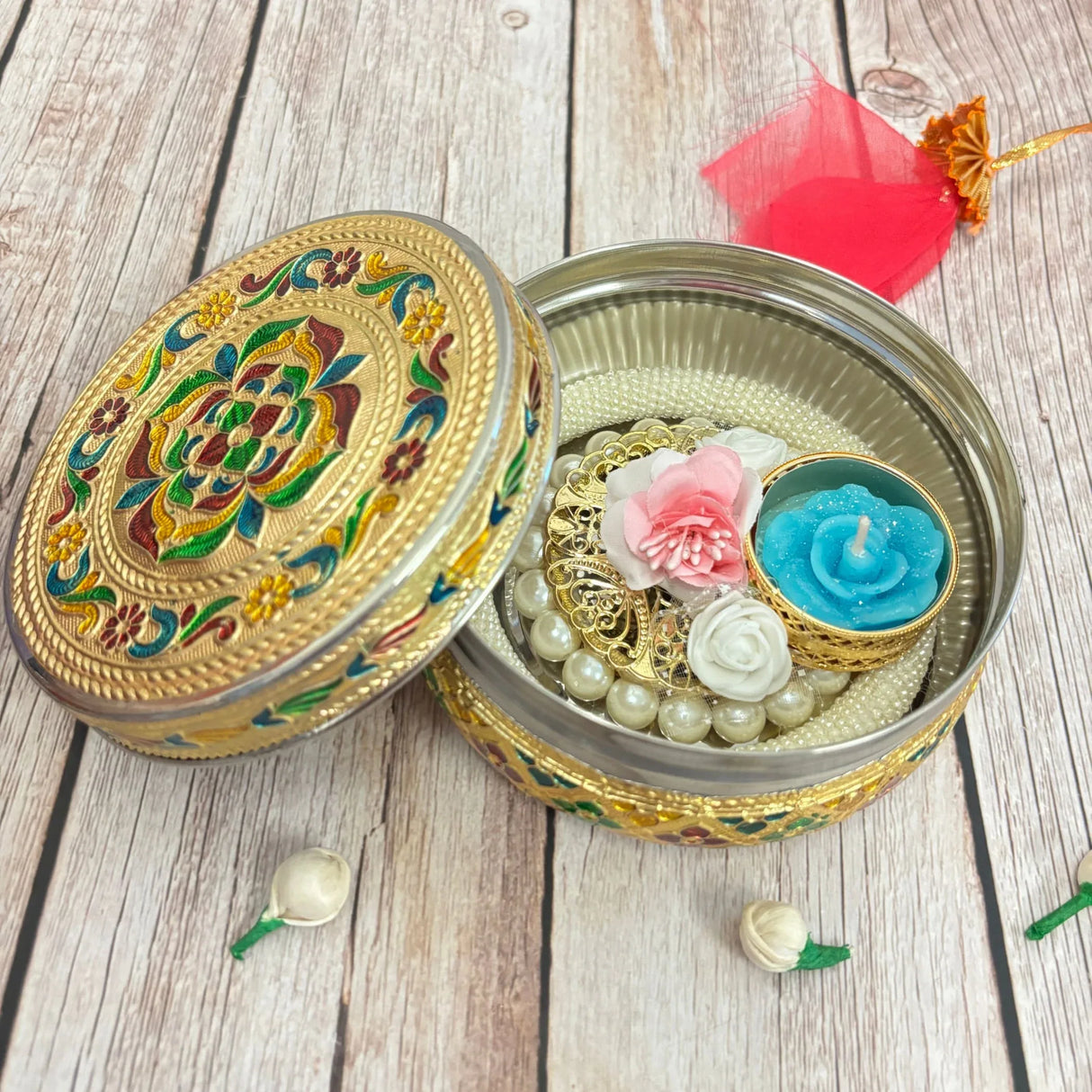 Diwali Gift Hamper Premium Deepawali Return Gift Box with Stainless Steel Sweet Box, Candle Holder Chocolates Navratri Hampers for Employees Friends Relatives - Corporate Gifts - LoveNspire