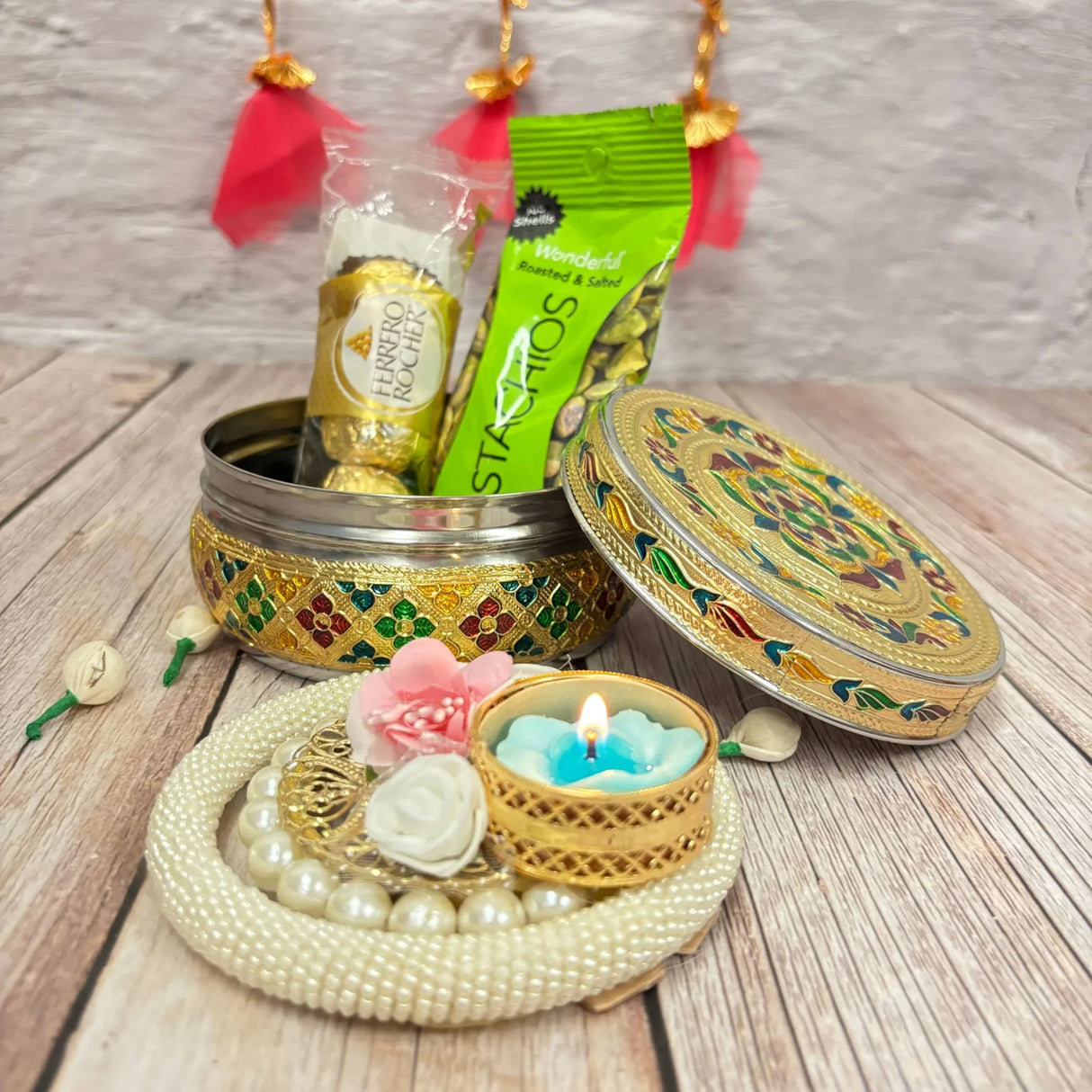 Diwali Gift Hamper Premium Deepawali Return Gift Box with Stainless Steel Sweet Box, Candle Holder Chocolates Navratri Hampers for Employees Friends Relatives - Corporate Gifts - LoveNspire