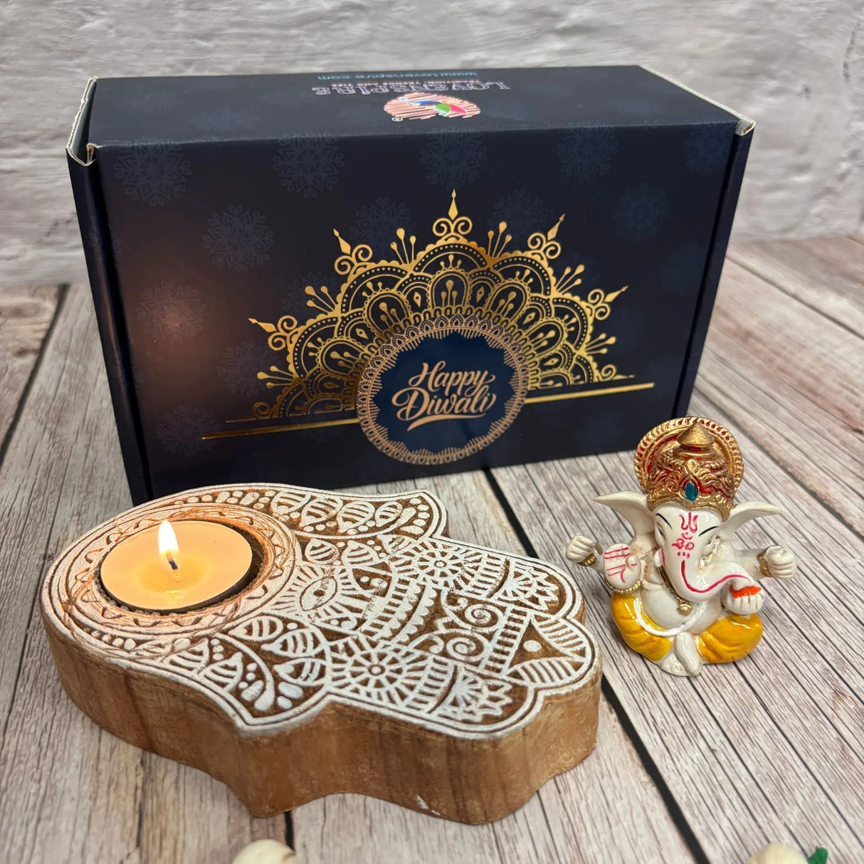 Diwali Gift Hamper Premium Deepawali Return Gift Box with Wooden Hamsa Tea Light Candle Holder Navratri Hampers for Employees Friends Relatives - Corporate Gifts - LoveNspire