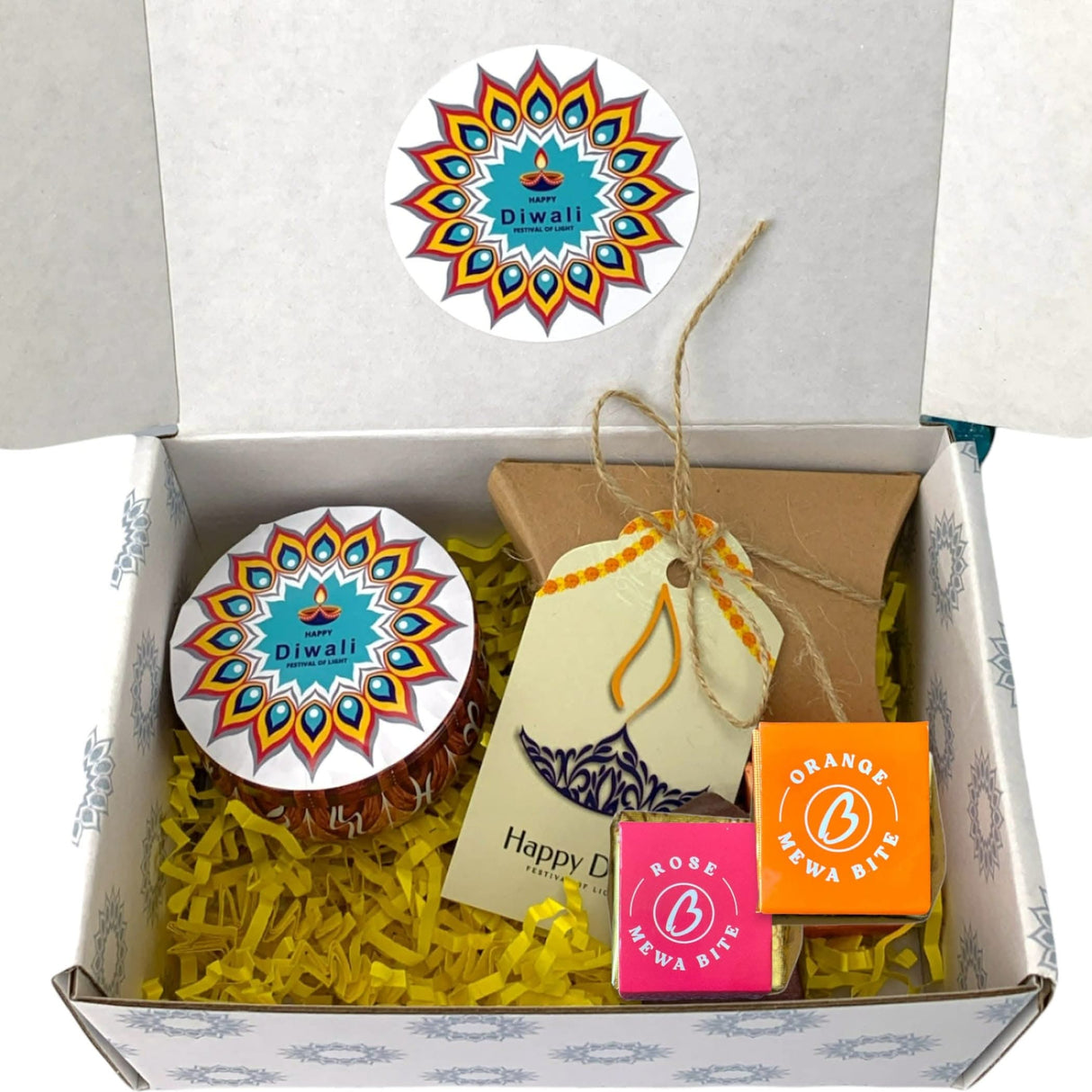 Personalized Diwali Gifts Hamper Indian Diwali Gift Boxes Happy Diwali Stickers Custom Box Sweets Dry Fruits for Home Family Relatives Friends & Office Employees Handmade Return Gifts Items - LoveNspire