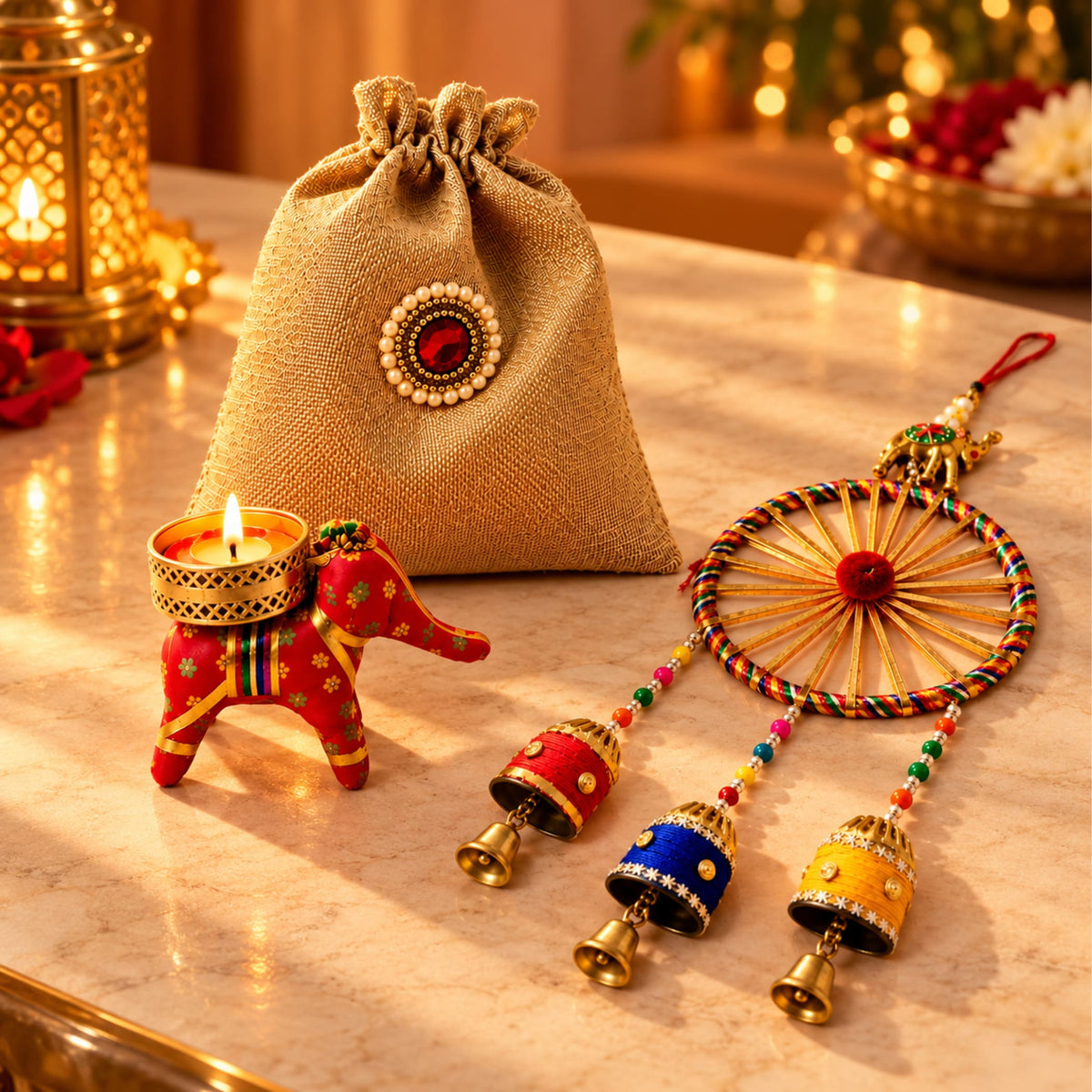 Beige burlap drawstring potli bag with white pearl embellishment and red gemstone for Diwali and festival gift hampers