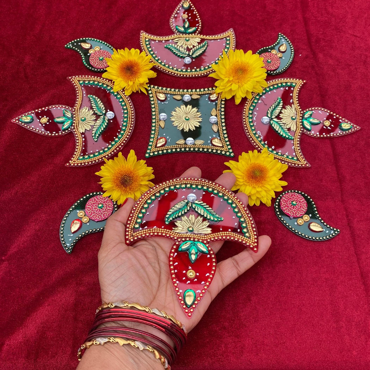 Acrylic Rangoli Set Indian Traditional Handmade Reusable Rangoli Diwali Navratri Home Temple Decor Floor Table Decoration - Deepawali Wedding Housewarming Gift Pack of 1 (12 Inches) - LoveNspire