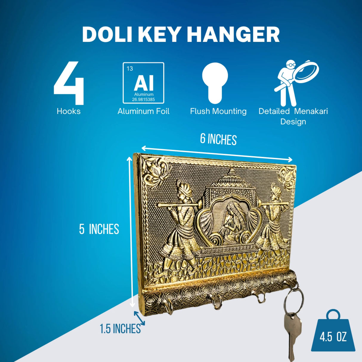 Key Holder for Home Decor Indian Doli Wall Decor Hand Crafted Wall Hooks for Hanging Stylish Showpiece Key Stand Office Room Decor Housewarming Gift 4 Hooks (pack of 1) - LoveNspire