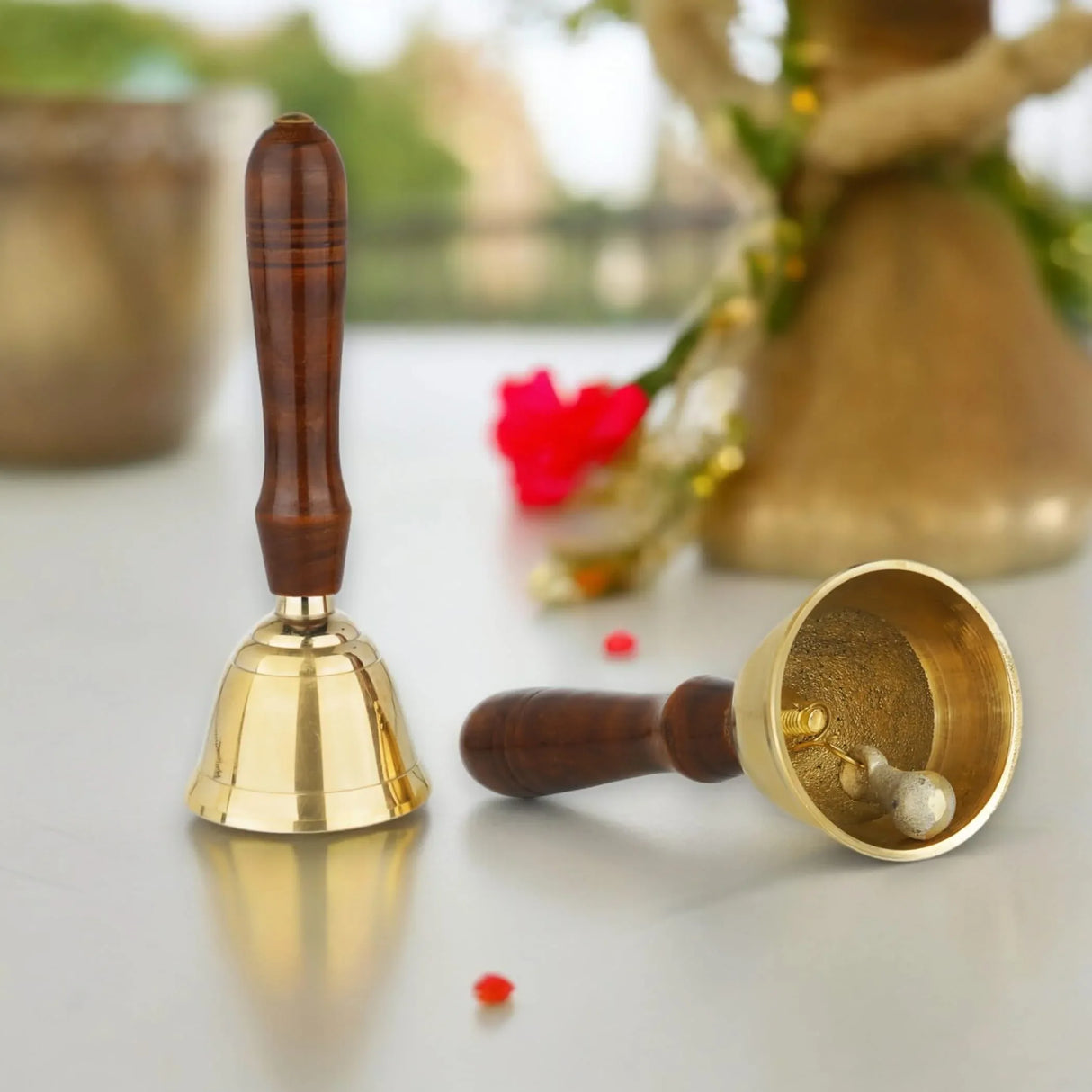 Solid Brass Bell Hand Call Bell for School Teacher Indian Weddings Christmas Pooja Room Temple Handheld Extra Loud Prayer Bells with Wooden Handle - Perfect for any Occasion - LoveNspire