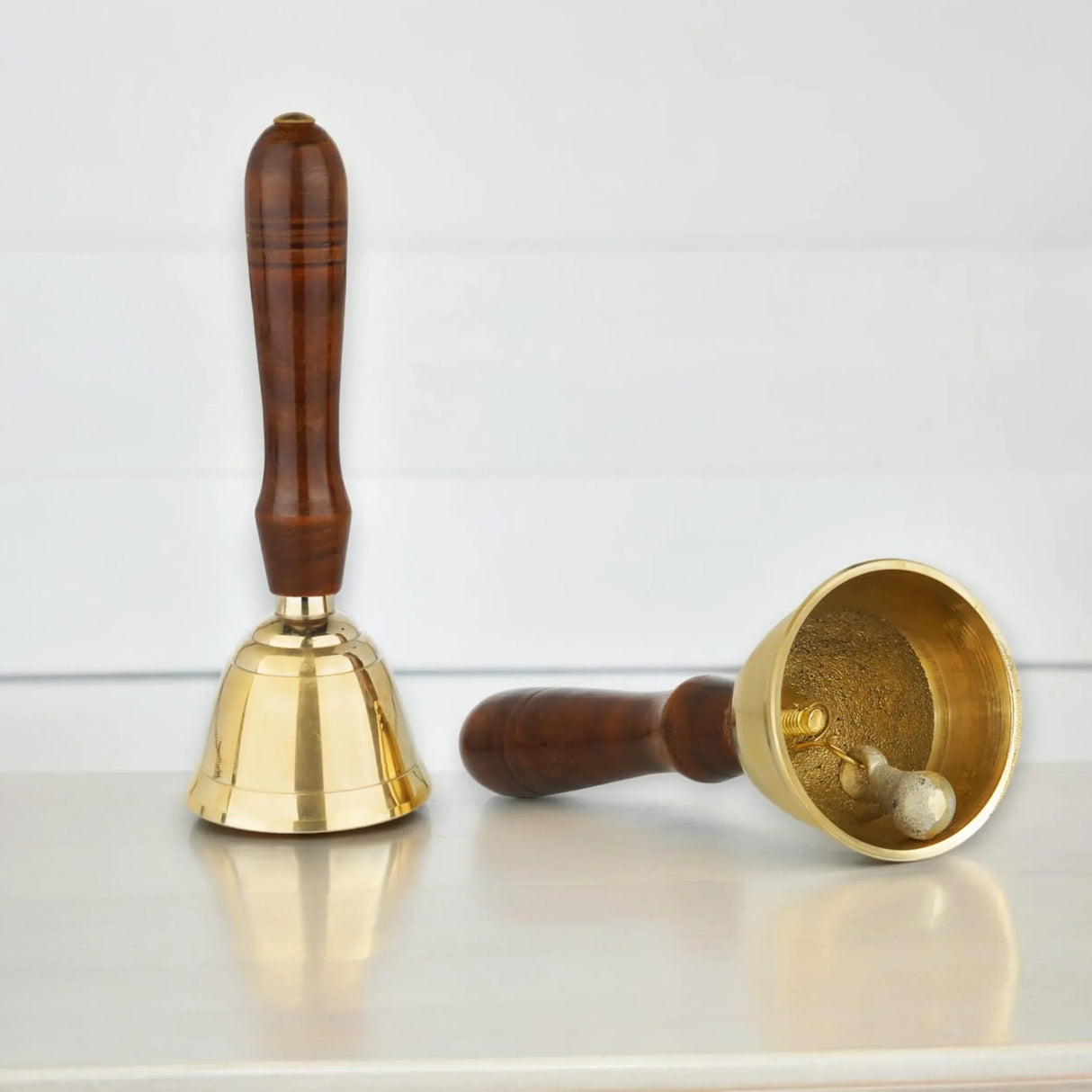 Solid Brass Bell Hand Call Bell for School Teacher Indian Weddings Christmas Pooja Room Temple Handheld Extra Loud Prayer Bells with Wooden Handle - Perfect for any Occasion - LoveNspire