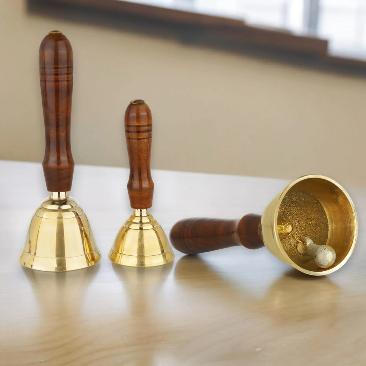 Solid Brass Bell Hand Call Bell for School Teacher Indian Weddings Christmas Pooja Room Temple Handheld Extra Loud Prayer Bells with Wooden Handle - Perfect for any Occasion - LoveNspire