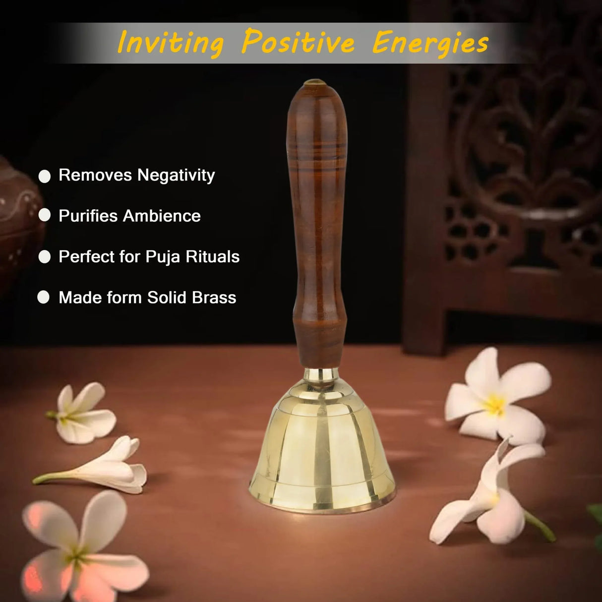 Solid Brass Bell Hand Call Bell for School Teacher Indian Weddings Christmas Pooja Room Temple Handheld Extra Loud Prayer Bells with Wooden Handle - Perfect for any Occasion - LoveNspire