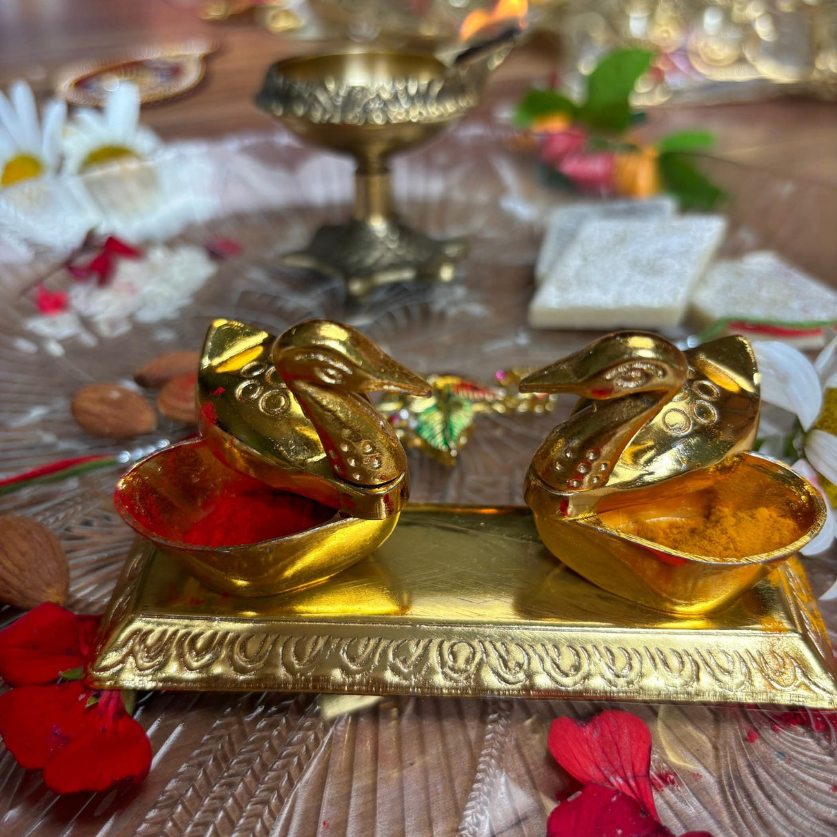 Double Duck Golden Chopra, Pooja Favor, Diwali Gift, Diwali Favor, Deewali Decor, Haldikumkum Plate, Pooja Return Gift, Pooja Item - LoveNspire