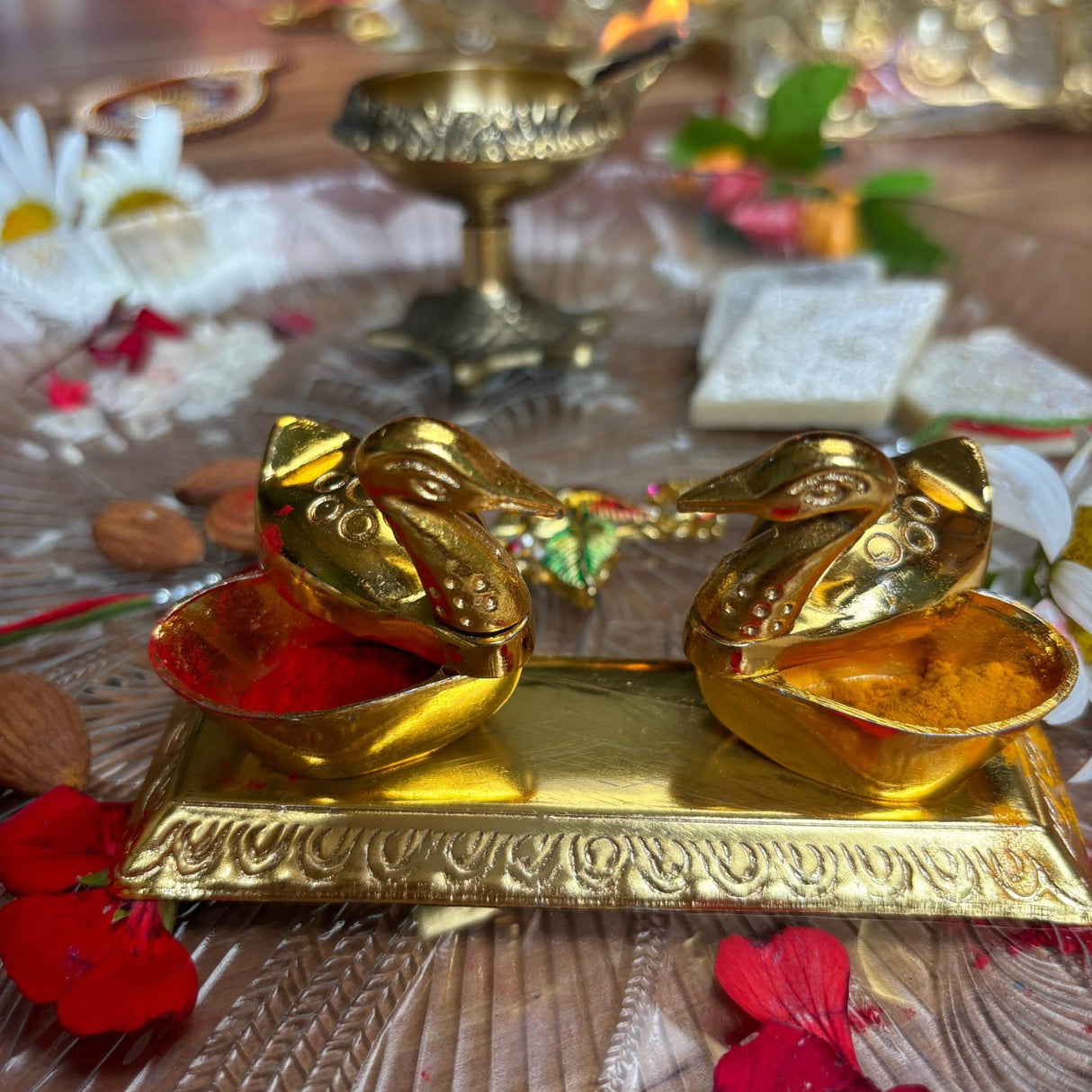 Double Duck Golden Chopra, Pooja Favor, Diwali Gift, Diwali Favor, Deewali Decor, Haldikumkum Plate, Pooja Return Gift, Pooja Item - LoveNspire