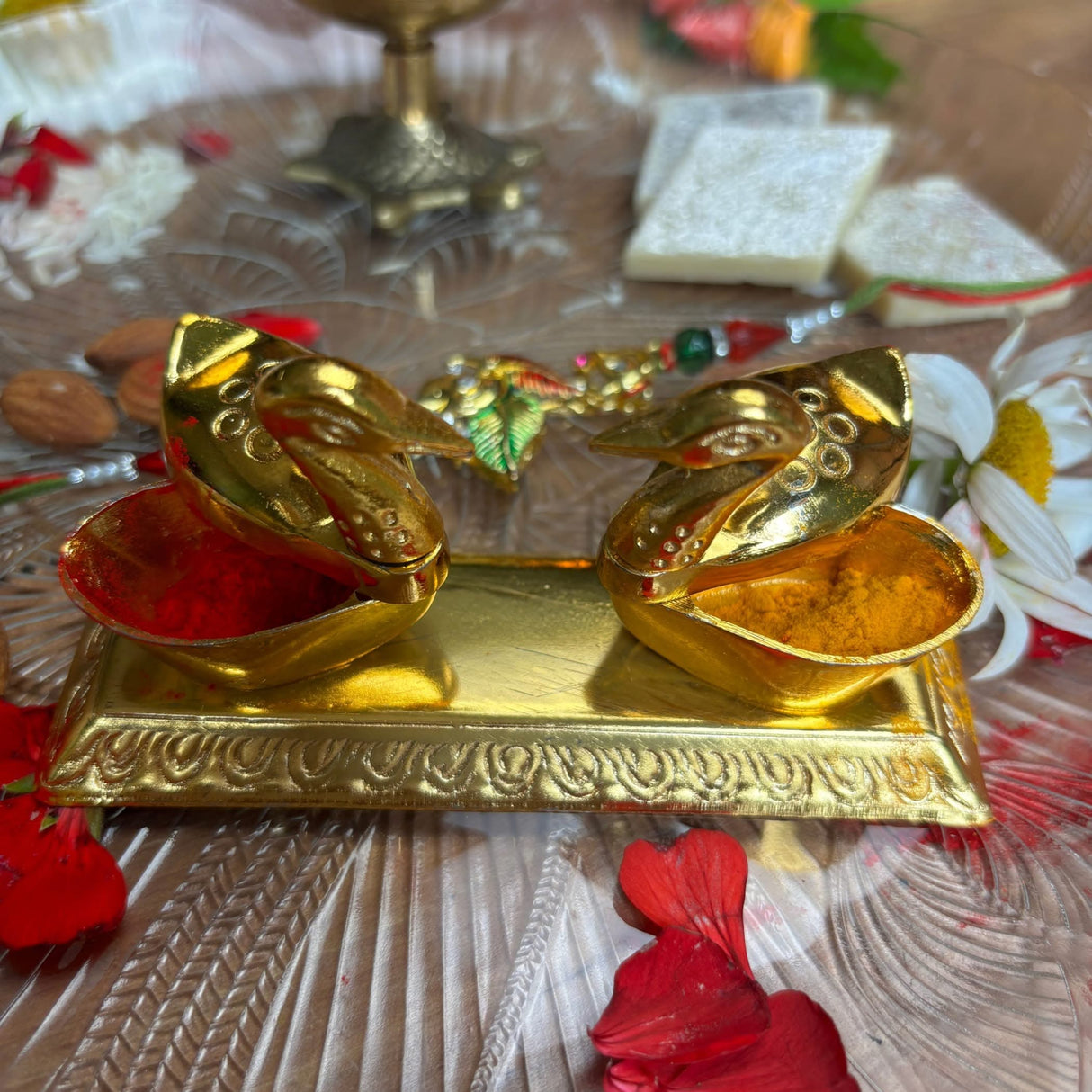 Double Duck Golden Chopra, Pooja Favor, Diwali Gift, Diwali Favor, Deewali Decor, Haldikumkum Plate, Pooja Return Gift, Pooja Item - LoveNspire