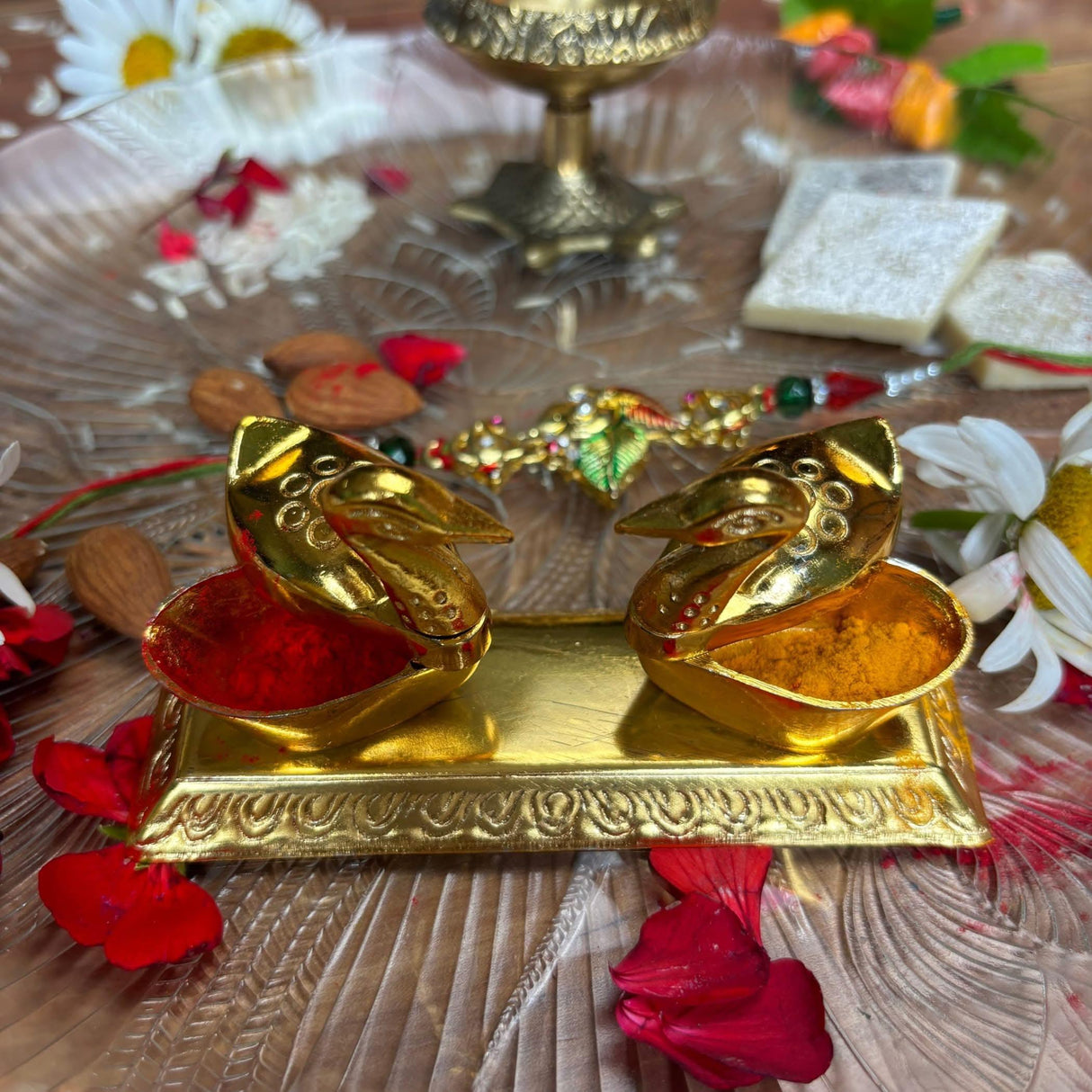 Double Duck Golden Chopra, Pooja Favor, Diwali Gift, Diwali Favor, Deewali Decor, Haldikumkum Plate, Pooja Return Gift, Pooja Item - LoveNspire