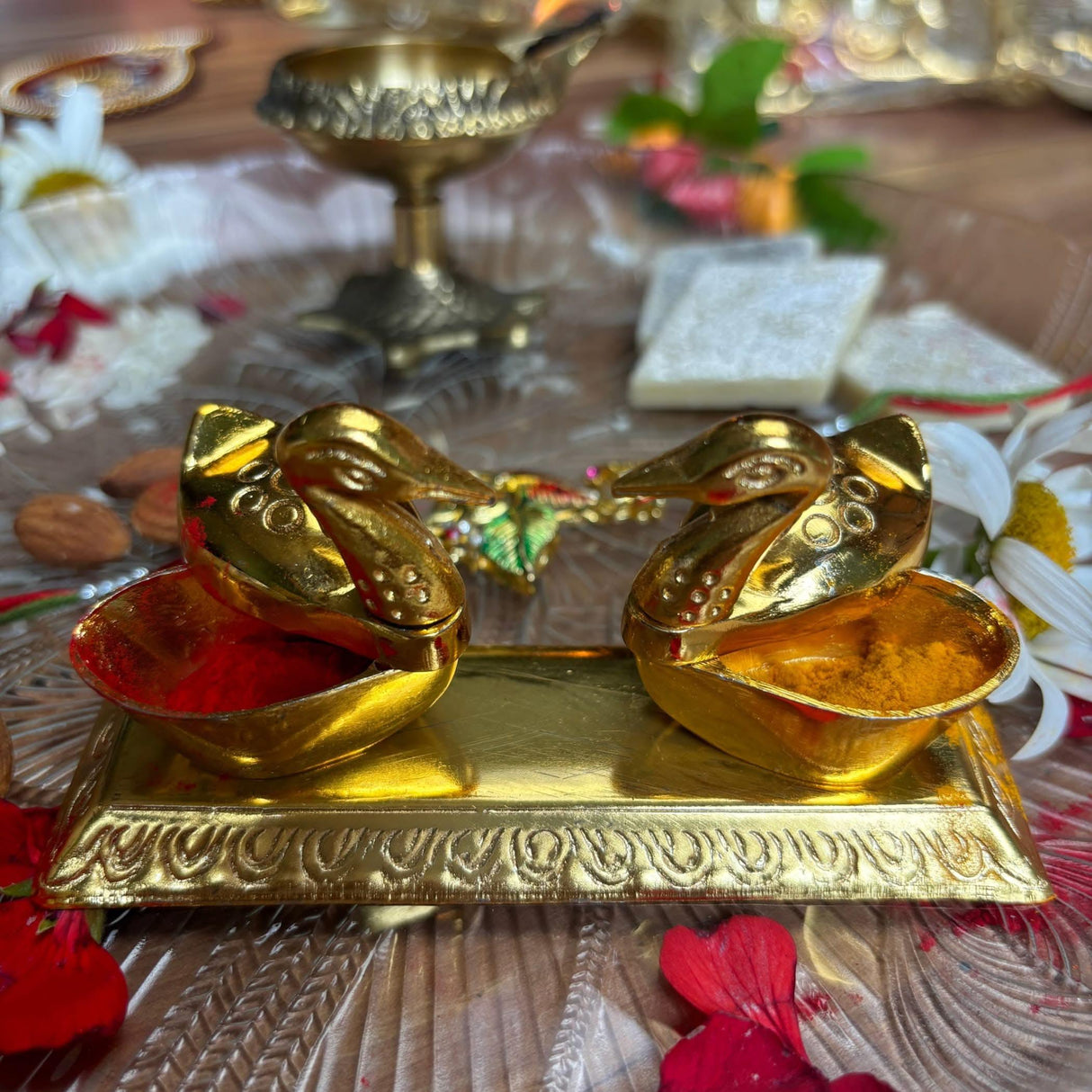 Double Duck Golden Chopra, Pooja Favor, Diwali Gift, Diwali Favor, Deewali Decor, Haldikumkum Plate, Pooja Return Gift, Pooja Item - LoveNspire