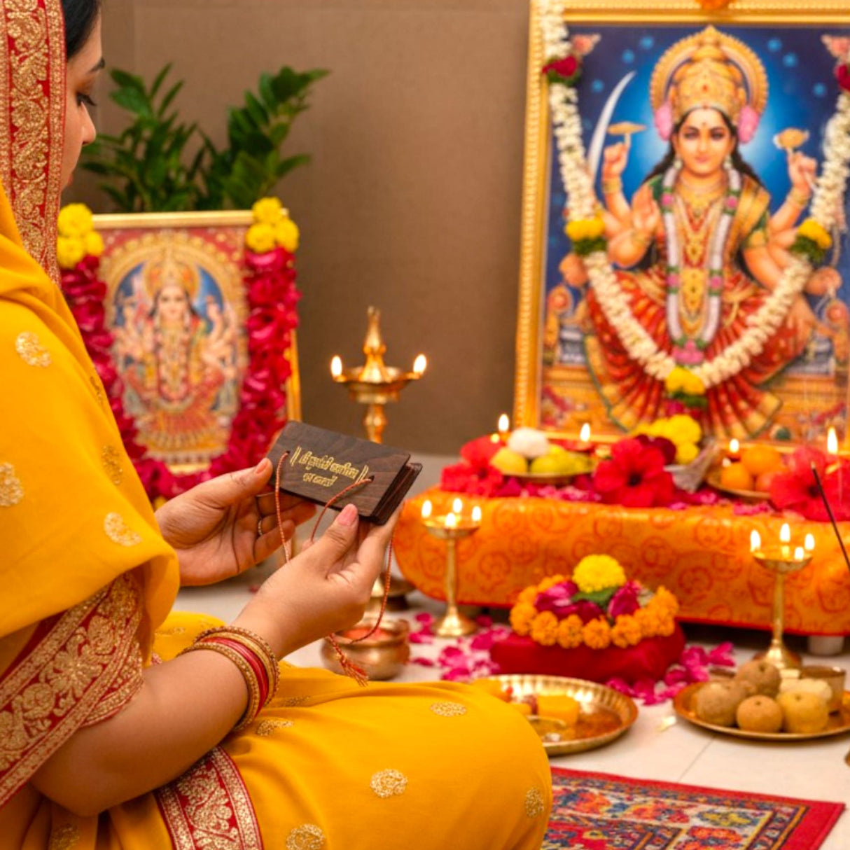 Mandeville chocolate bar in gold foil wrapper with Durga Chalisa book