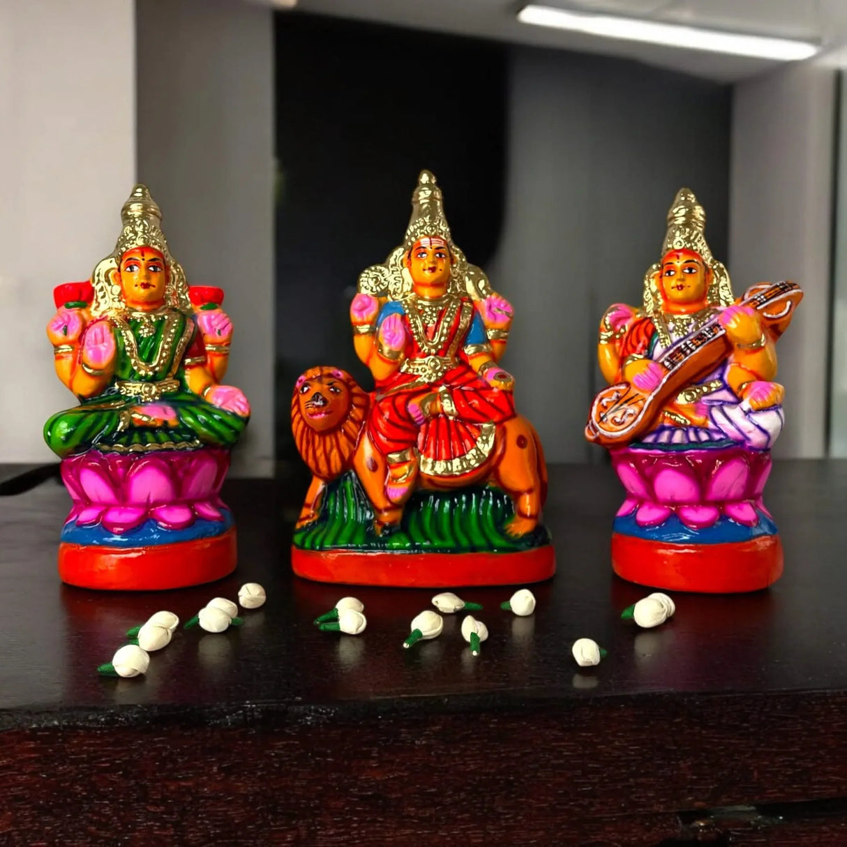 Lakshmi Saraswati Durga Statue Idol for Navratri Golu Dolls Paper Mache Doll Diwali Puja Temple Office Decor Indian Traditional Home Decor Gifting Item Navaratri Golu Doll Set of 3 - LoveNspire