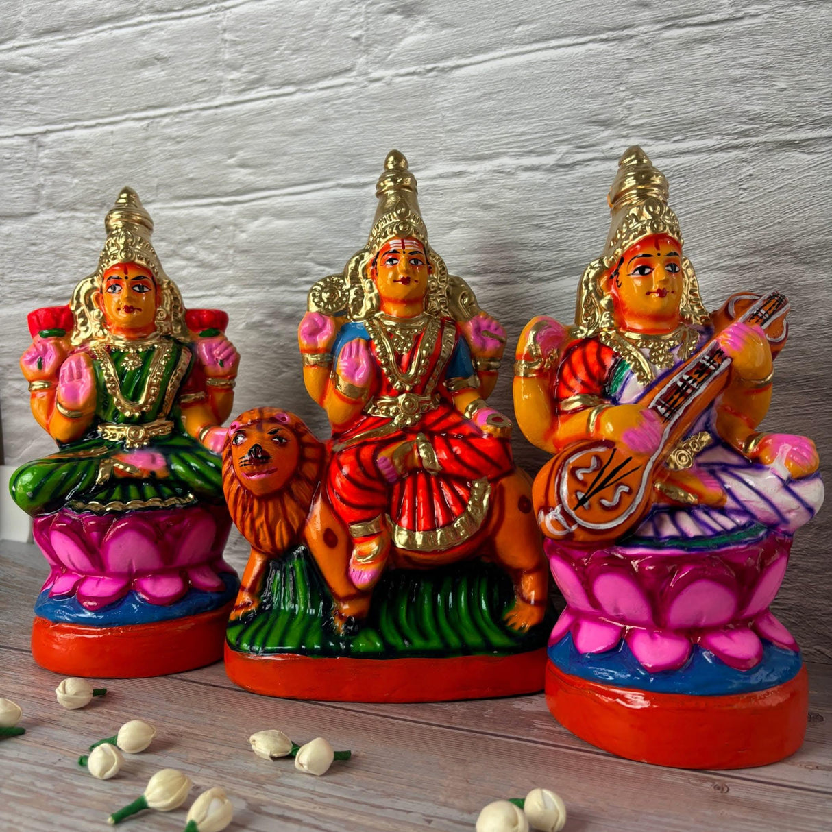 Lakshmi Saraswati Durga Statue Idol for Navratri Golu Dolls Paper Mache Doll Diwali Puja Temple Office Decor Indian Traditional Home Decor Gifting Item Navaratri Golu Doll Set of 3 - LoveNspire