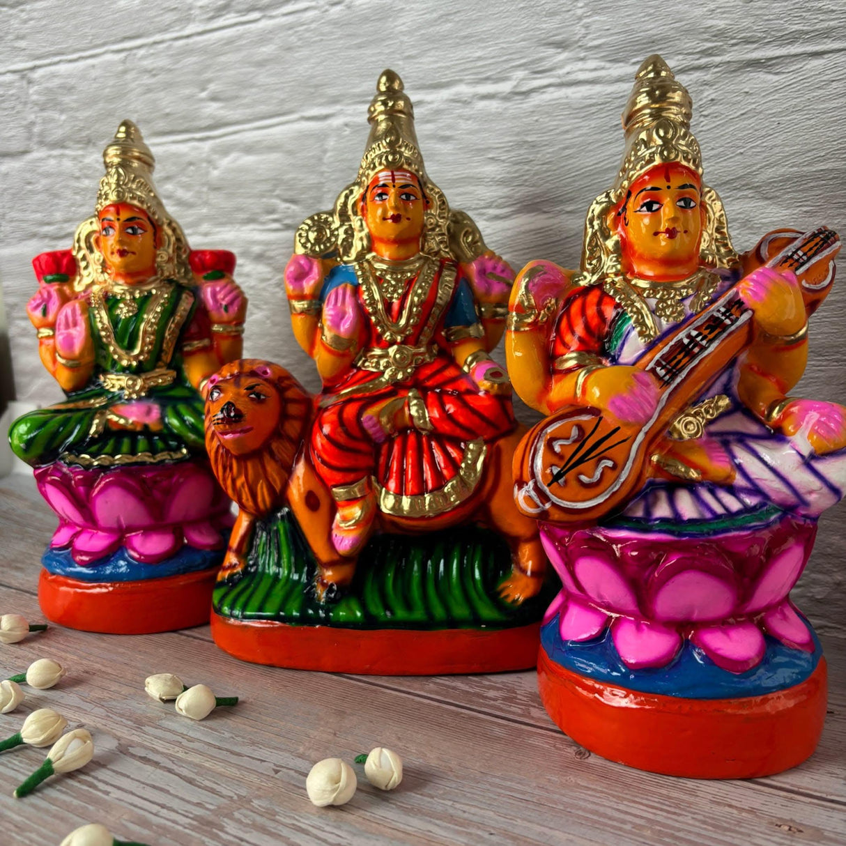 Lakshmi Saraswati Durga Statue Idol for Navratri Golu Dolls Paper Mache Doll Diwali Puja Temple Office Decor Indian Traditional Home Decor Gifting Item Navaratri Golu Doll Set of 3 - LoveNspire