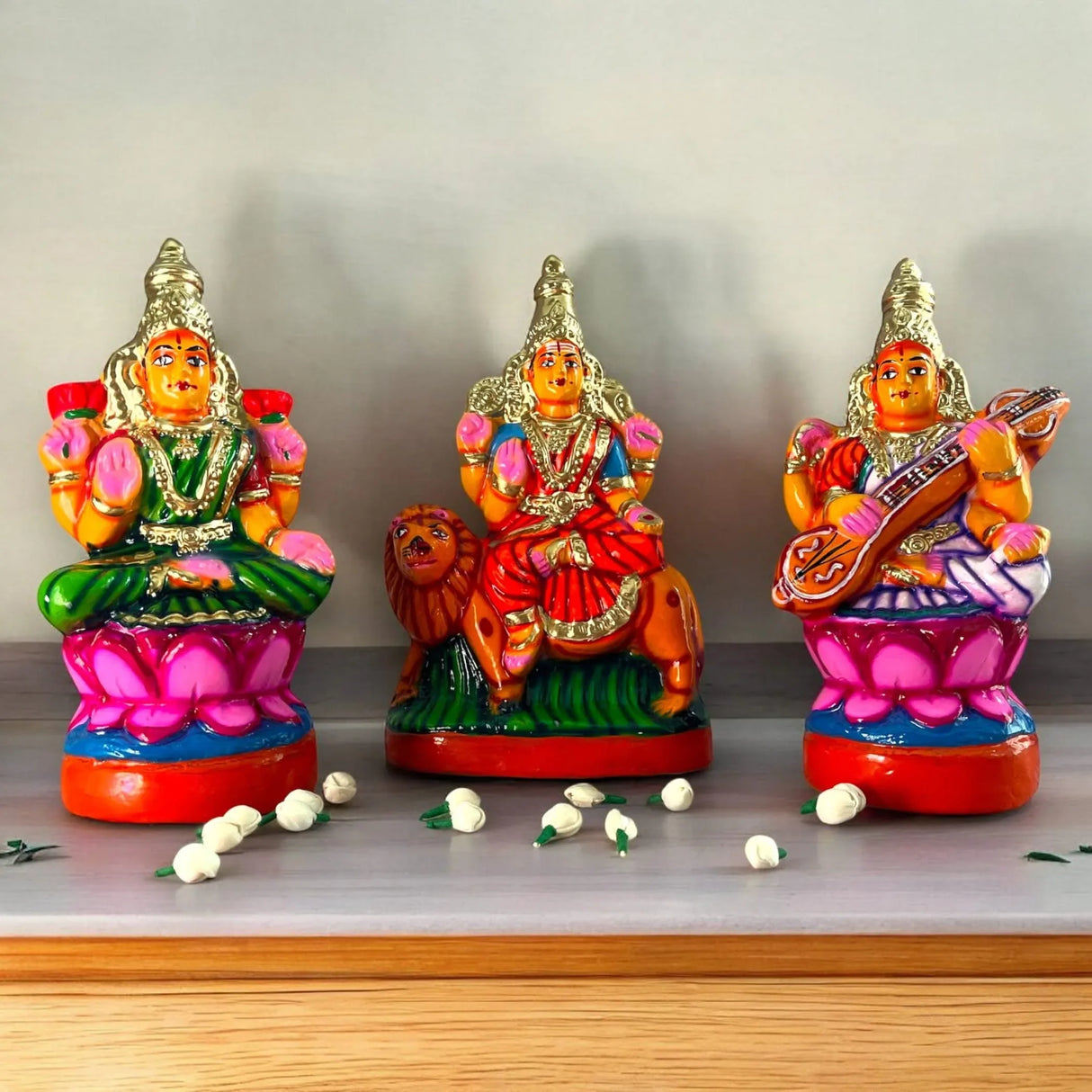 Lakshmi Saraswati Durga Statue Idol for Navratri Golu Dolls Paper Mache Doll Diwali Puja Temple Office Decor Indian Traditional Home Decor Gifting Item Navaratri Golu Doll Set of 3 - LoveNspire