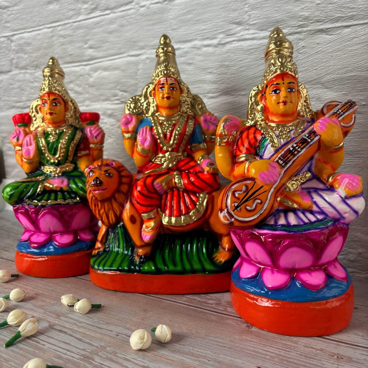 Lakshmi Saraswati Durga Statue Idol for Navratri Golu Dolls Paper Mache Doll Diwali Puja Temple Office Decor Indian Traditional Home Decor Gifting Item Navaratri Golu Doll Set of 3 - LoveNspire
