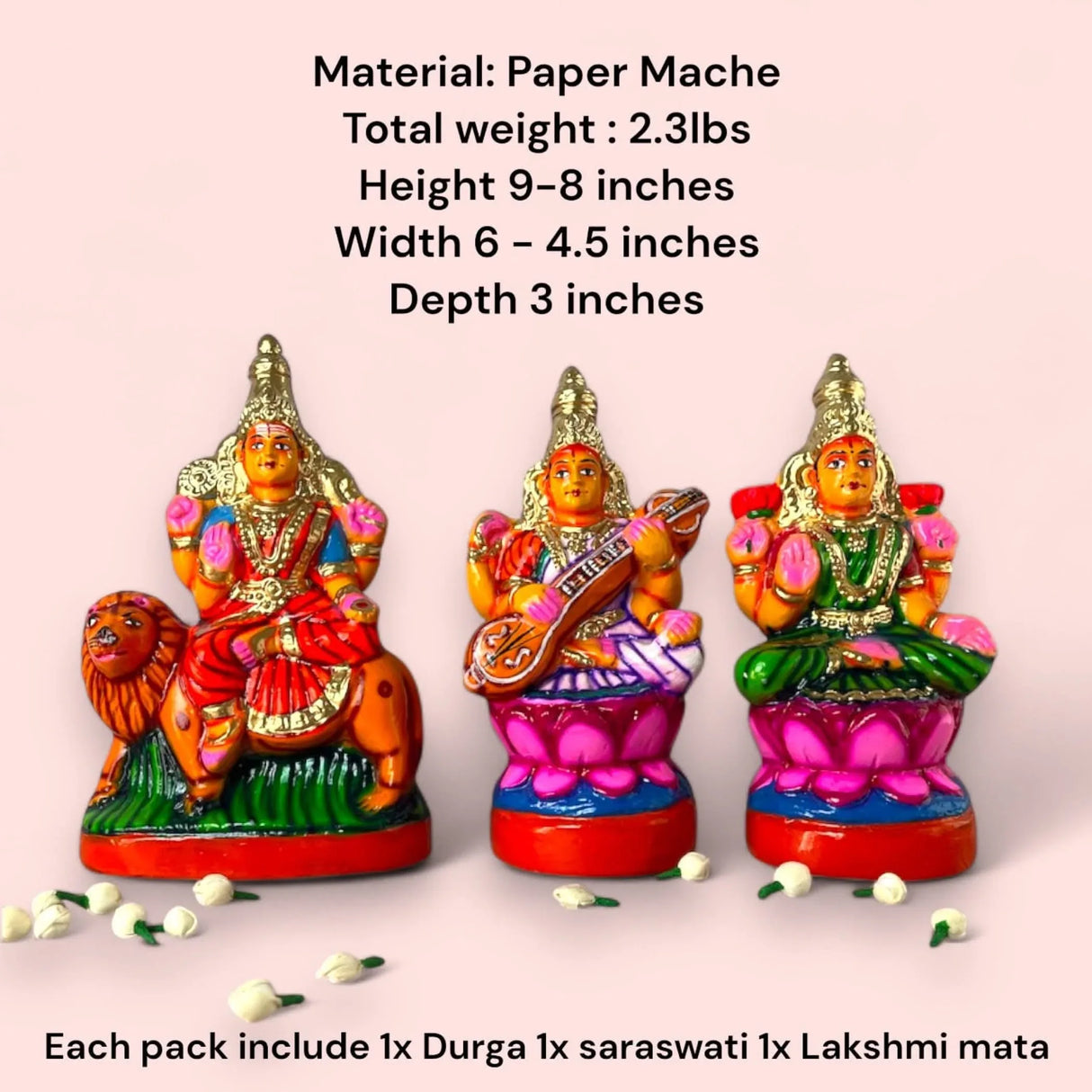 Lakshmi Saraswati Durga Statue Idol for Navratri Golu Dolls Paper Mache Doll Diwali Puja Temple Office Decor Indian Traditional Home Decor Gifting Item Navaratri Golu Doll Set of 3 - LoveNspire