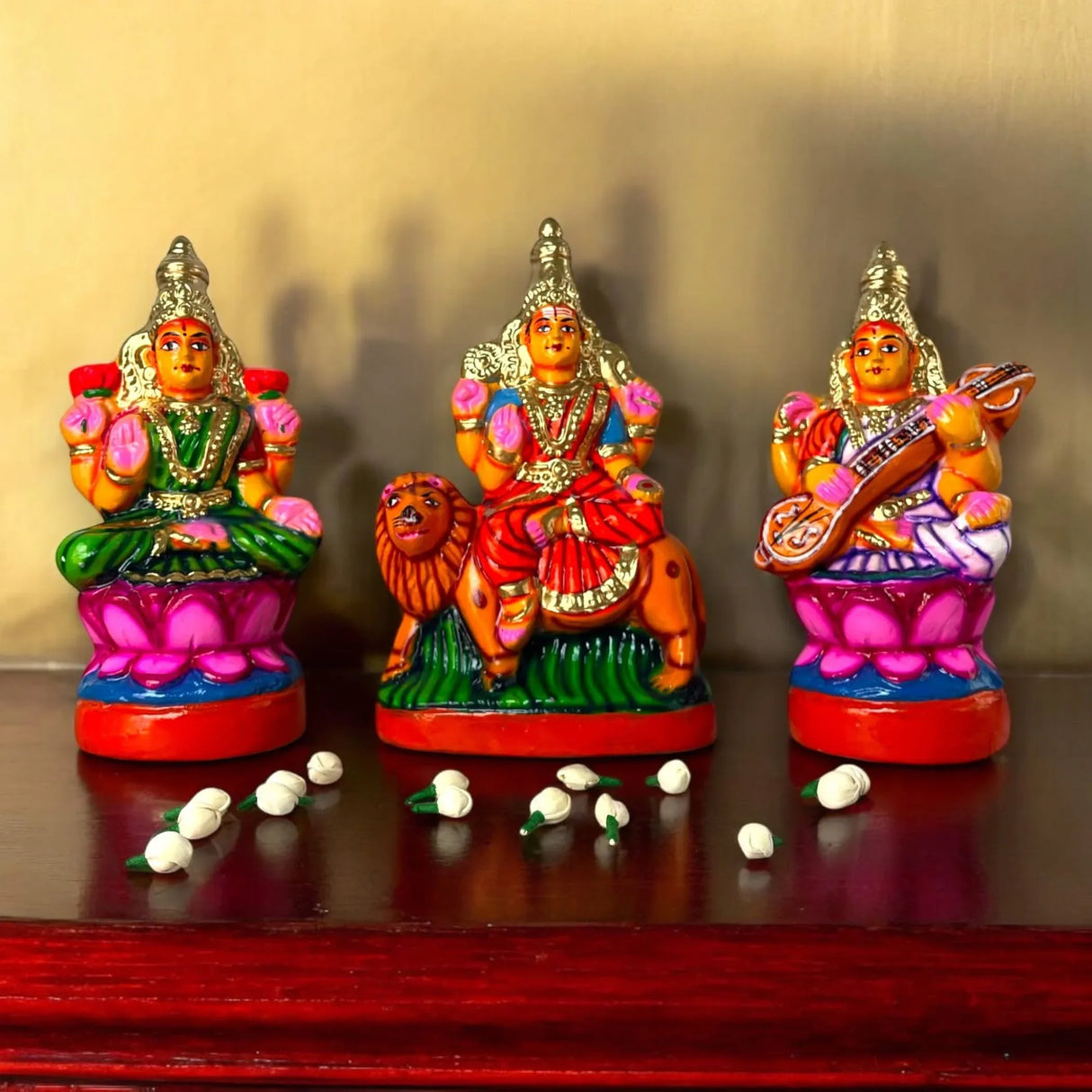 Lakshmi Saraswati Durga Statue Idol for Navratri Golu Dolls Paper Mache Doll Diwali Puja Temple Office Decor Indian Traditional Home Decor Gifting Item Navaratri Golu Doll Set of 3 - LoveNspire