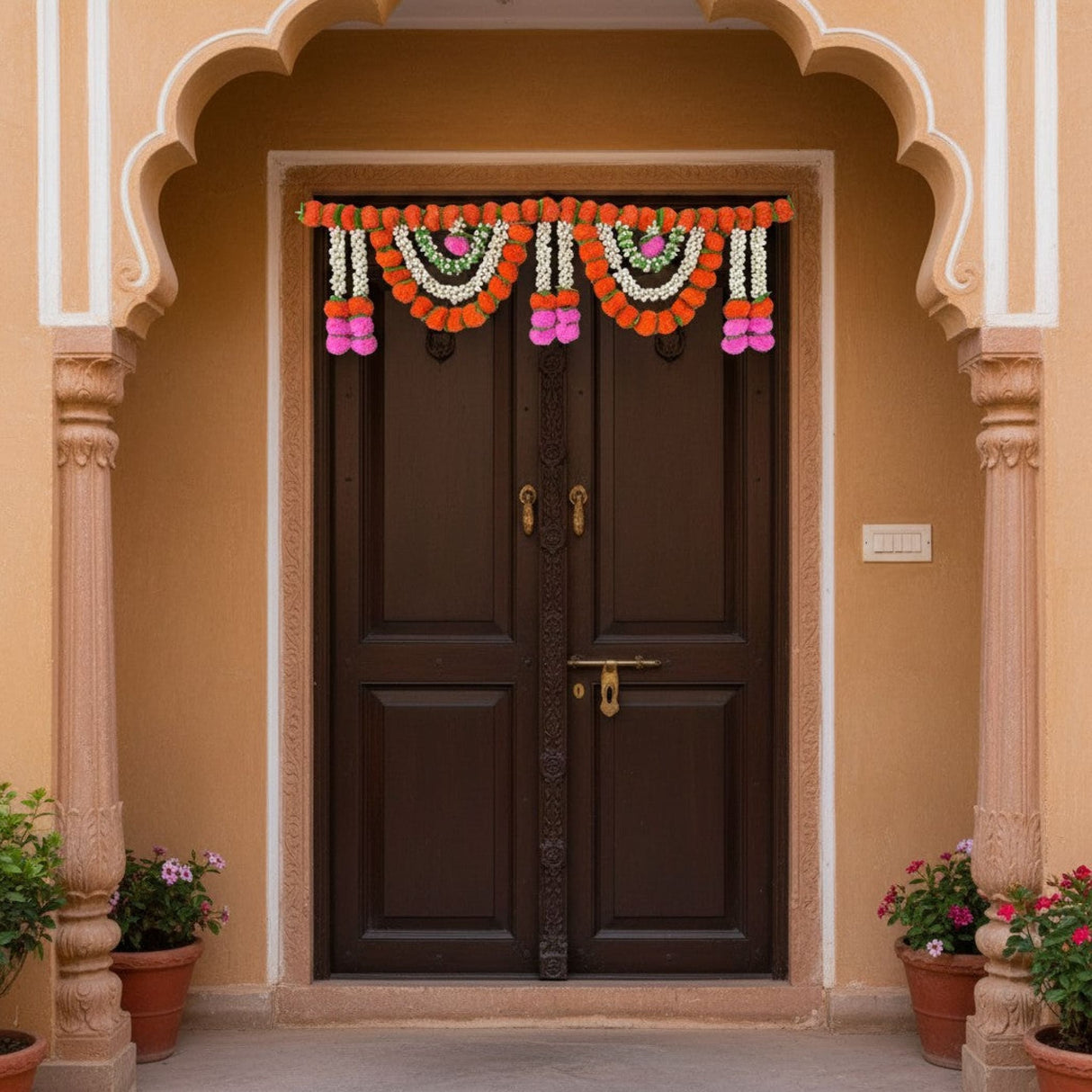 Vibrant marigold jasmine door toran garland on wooden door, 44 inch Diwali decor