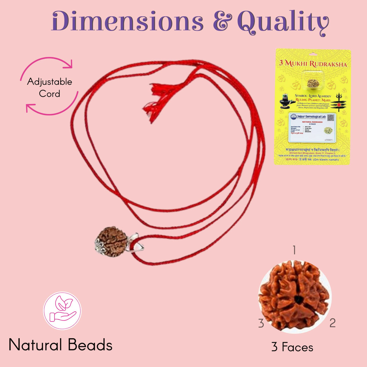 Red adjustable cord necklace with 3-faced rudraksha bead and silver accents