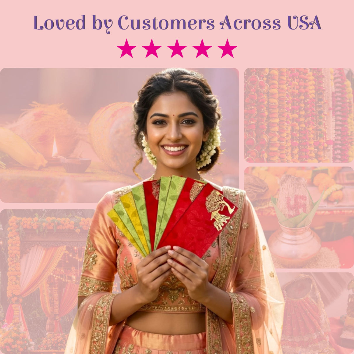 Woman in peach gold outfit holds assorted Shagun envelopes with Doli elephant design