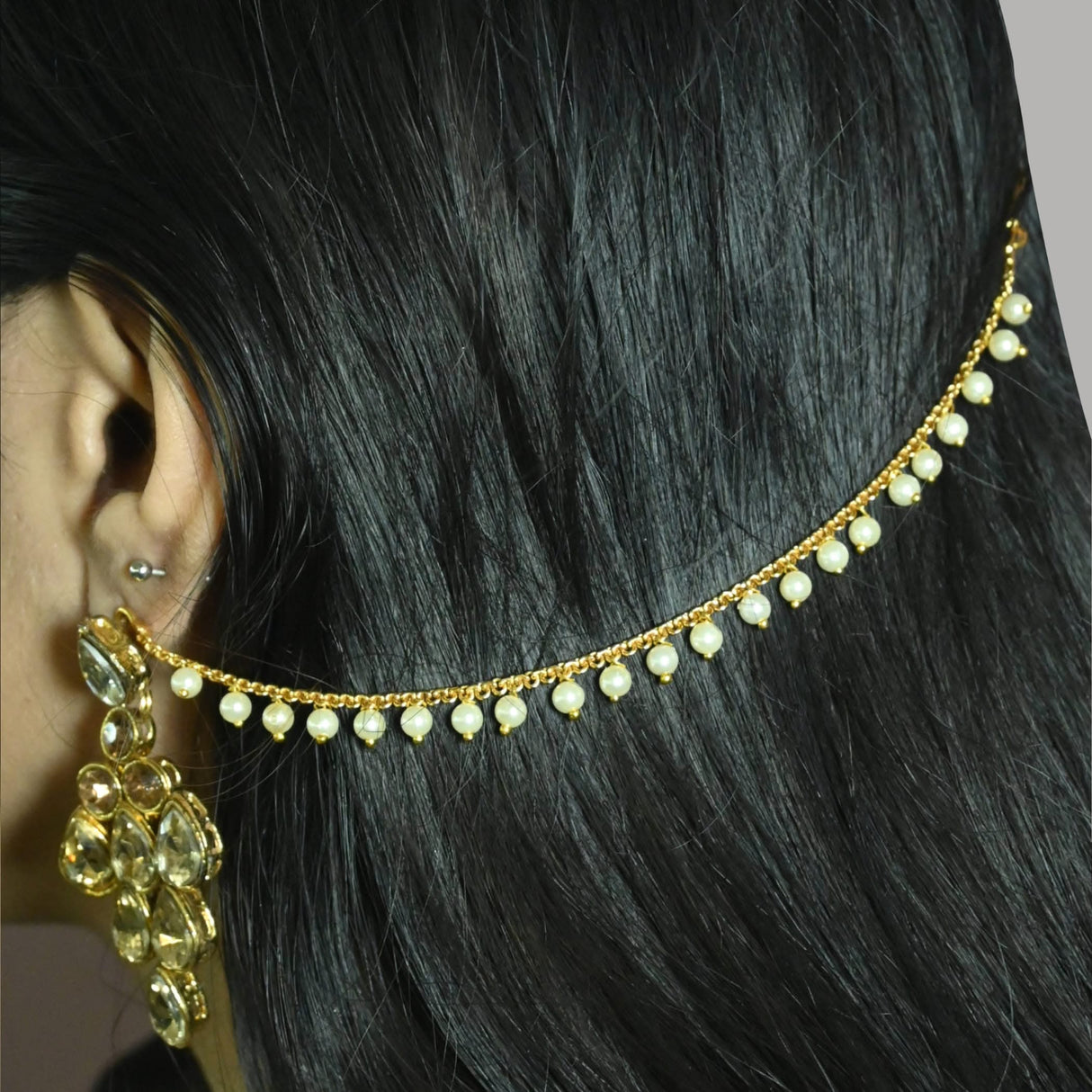Indian Traditional Ear Chains for Women - Indian Jewellery for Earring Support Long Gold Tone Earring Chain Ear to Hair Chain Jewelry Faux Pearl Hair Accessory - Bridal Jewelry for Wedding - LoveNspire
