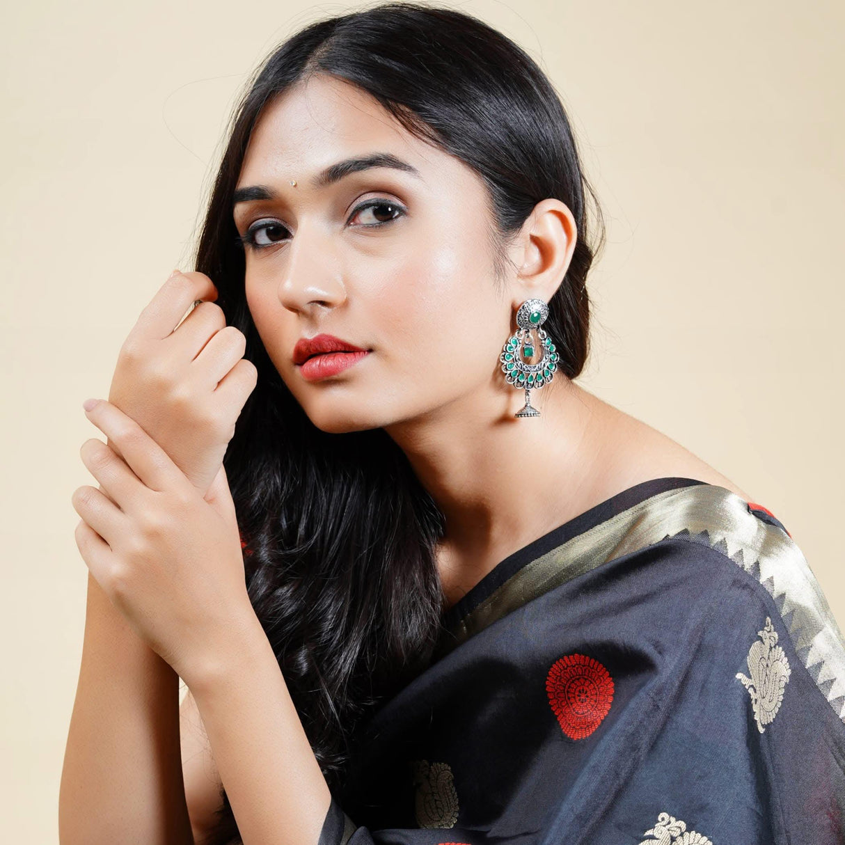 Indian Oxidized Jhumka Earrings for Women - Indian Oxidized Bell Jhumki Ethnic Floral Chandbali Earrings Faux Pearls Bollywood Style Floral Dangle Earring Jewelry for Bride Gift for Her - LoveNspire