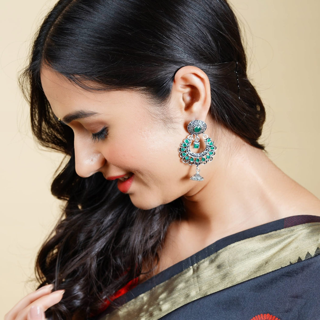 Indian Oxidized Jhumka Earrings for Women - Indian Oxidized Bell Jhumki Ethnic Floral Chandbali Earrings Faux Pearls Bollywood Style Floral Dangle Earring Jewelry for Bride Gift for Her - LoveNspire