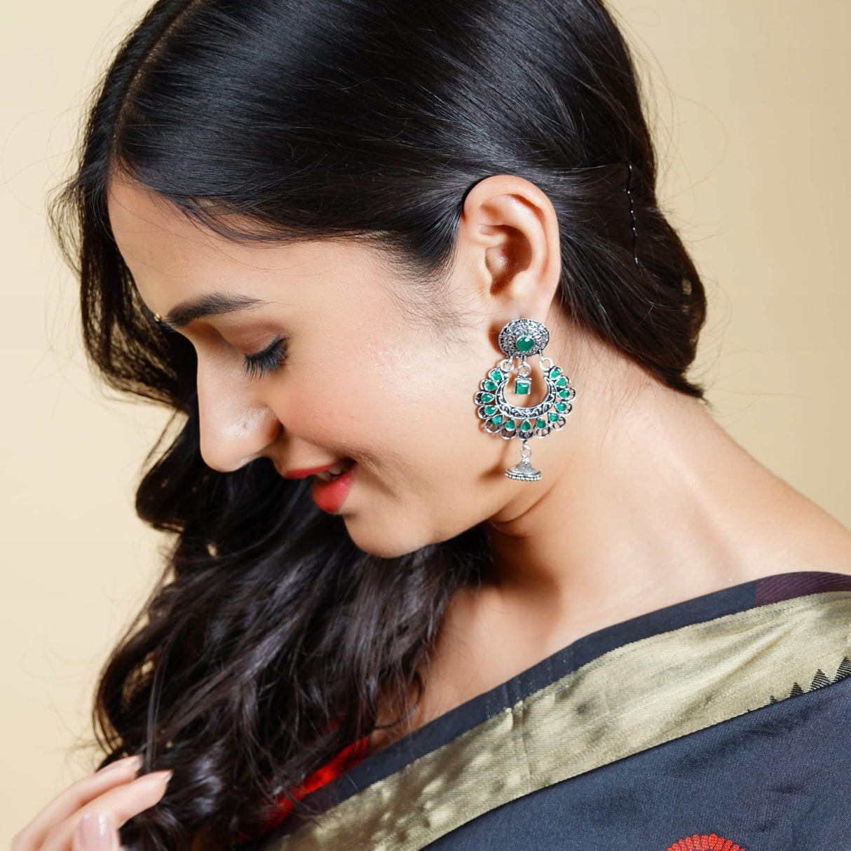 Indian Oxidized Jhumka Earrings for Women - Indian Oxidized Bell Jhumki Ethnic Floral Chandbali Earrings Faux Pearls Bollywood Style Floral Dangle Earring Jewelry for Bride Gift for Her - LoveNspire