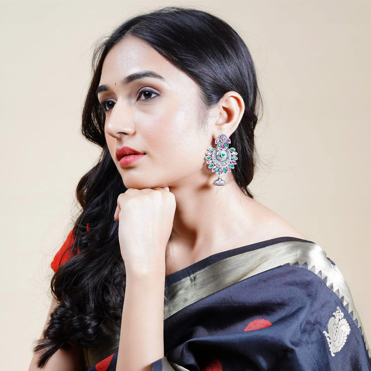 Indian Oxidized Jhumka Earrings for Women - Indian Oxidized Bell Tassel Jhumki Ethnic Floral Chandbali Earrings Faux Pearls Bollywood Style Dangle Earring Jewelry for Bride Gift for Her - LoveNspire