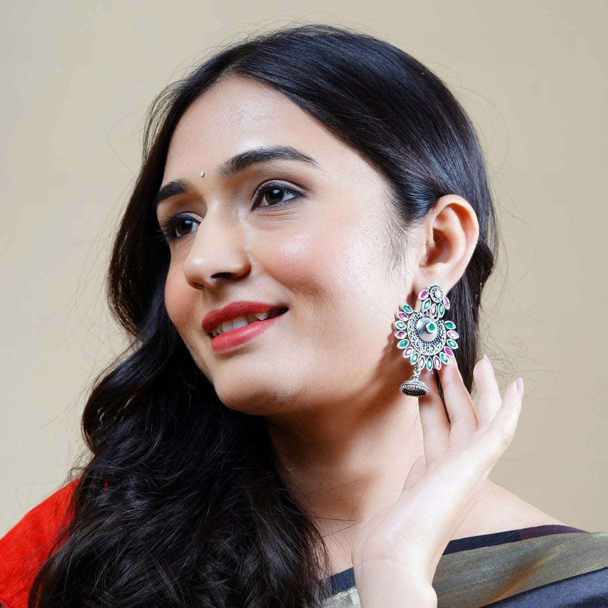 Indian Oxidized Jhumka Earrings for Women - Indian Oxidized Bell Tassel Jhumki Ethnic Floral Chandbali Earrings Faux Pearls Bollywood Style Dangle Earring Jewelry for Bride Gift for Her - LoveNspire