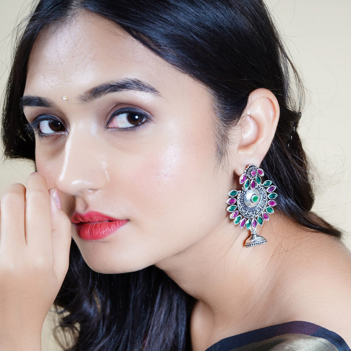 Indian Oxidized Jhumka Earrings for Women - Indian Oxidized Bell Tassel Jhumki Ethnic Floral Chandbali Earrings Faux Pearls Bollywood Style Dangle Earring Jewelry for Bride Gift for Her - LoveNspire