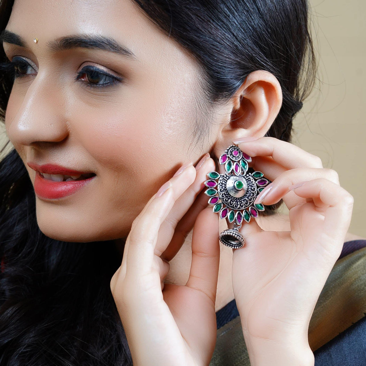 Indian Oxidized Jhumka Earrings for Women - Indian Oxidized Bell Tassel Jhumki Ethnic Floral Chandbali Earrings Faux Pearls Bollywood Style Dangle Earring Jewelry for Bride Gift for Her - LoveNspire