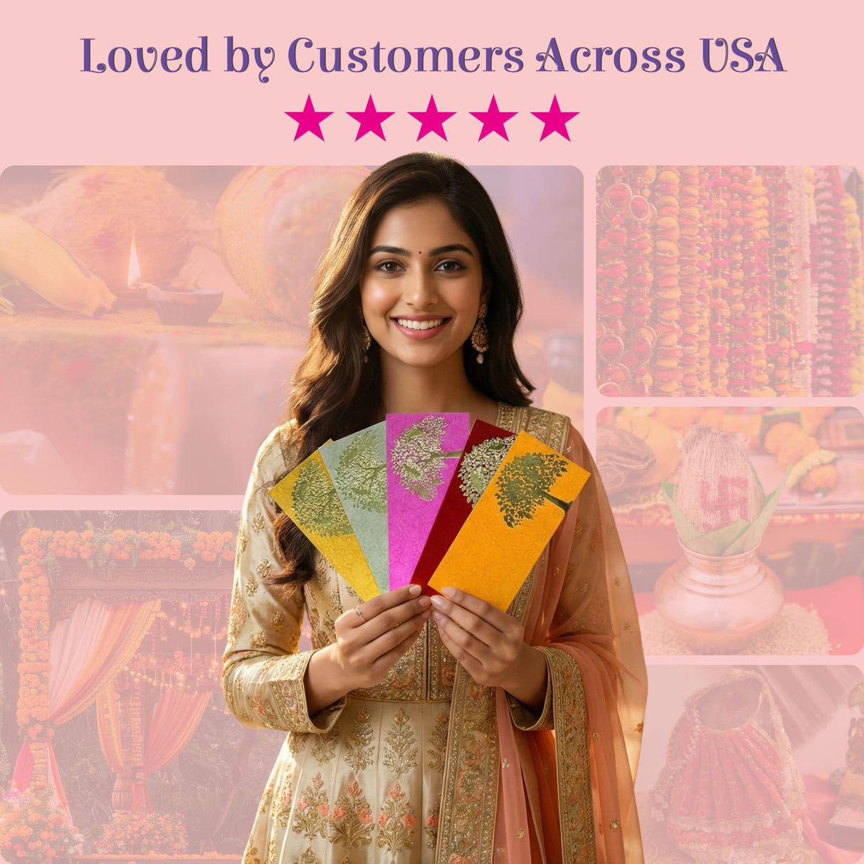 Woman in gold peach outfit holds 5 colorful tree shagun envelopes
