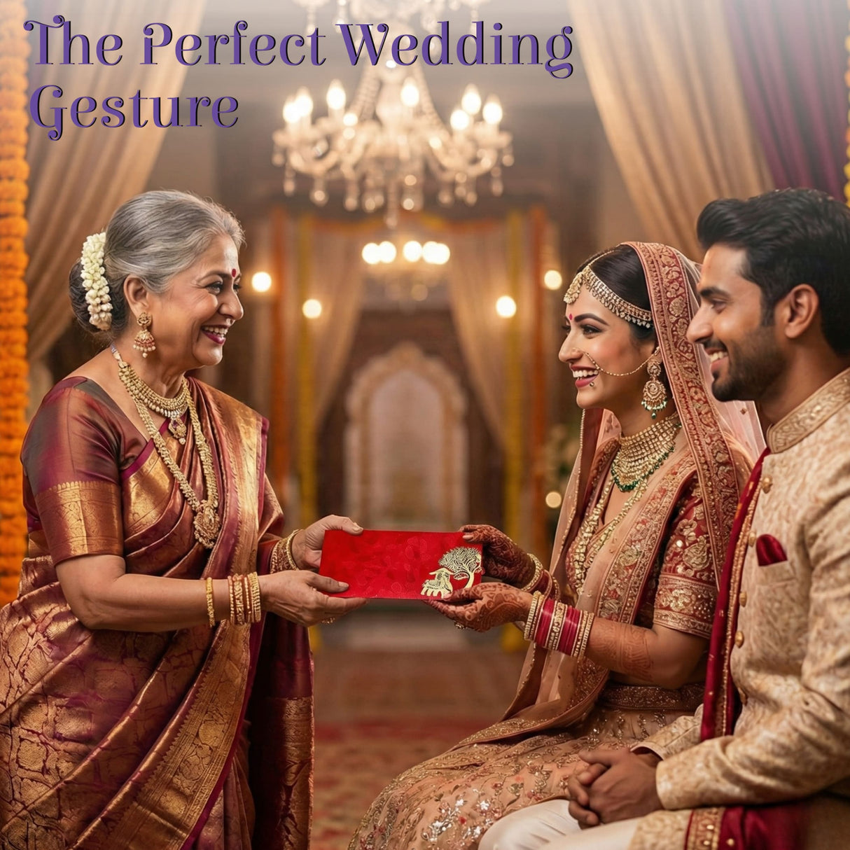 Red velvet shagun envelope with gold tree design for weddings