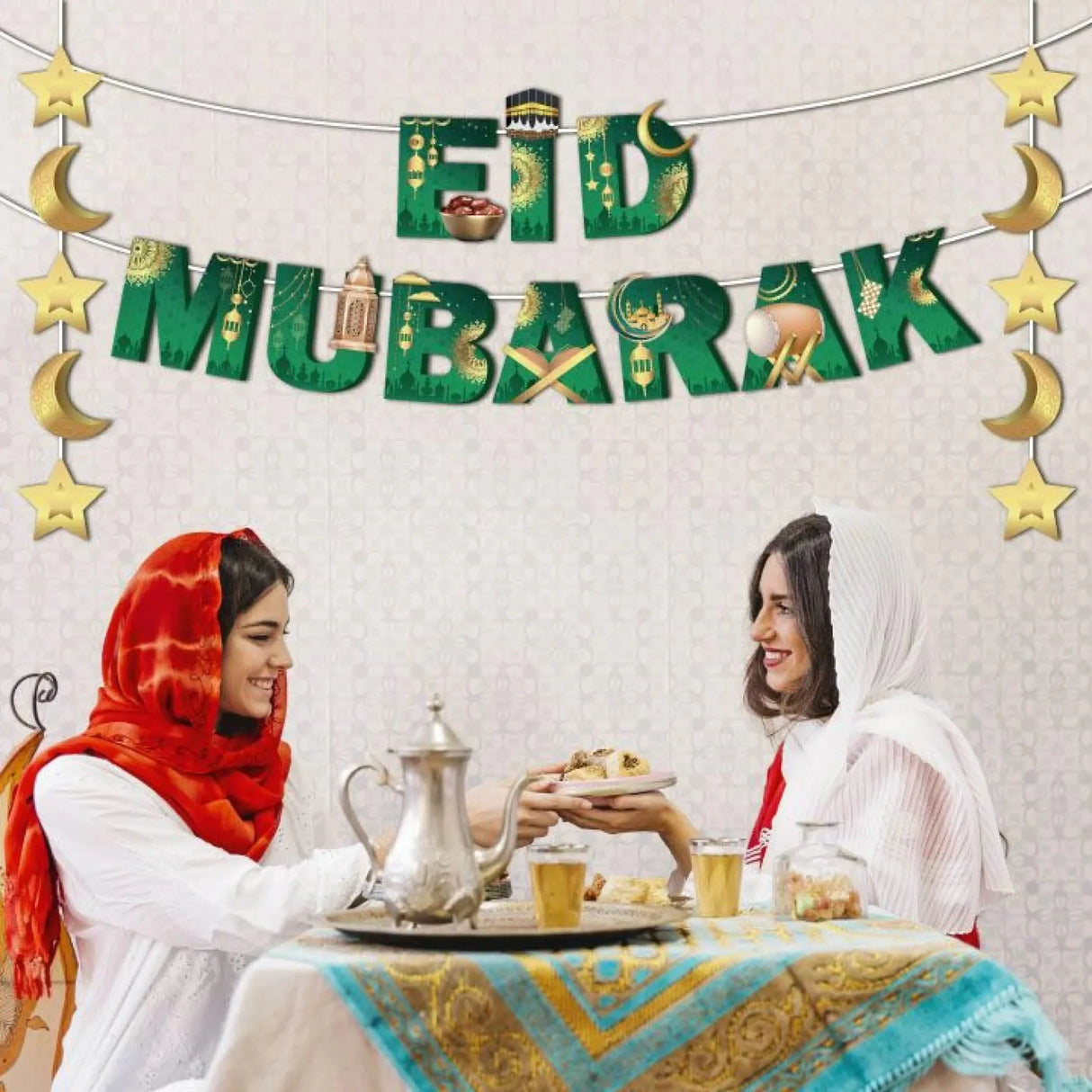 4 Pcs Eid Mubarak Banner Ramadan Decoration Muslim Party Supplies Kareem Hanging Banner for Home Eid Al Fitr Wall Decor with Moon Star Lantern Sign Bunting Backdrop Banner for Fireplace - LoveNspire