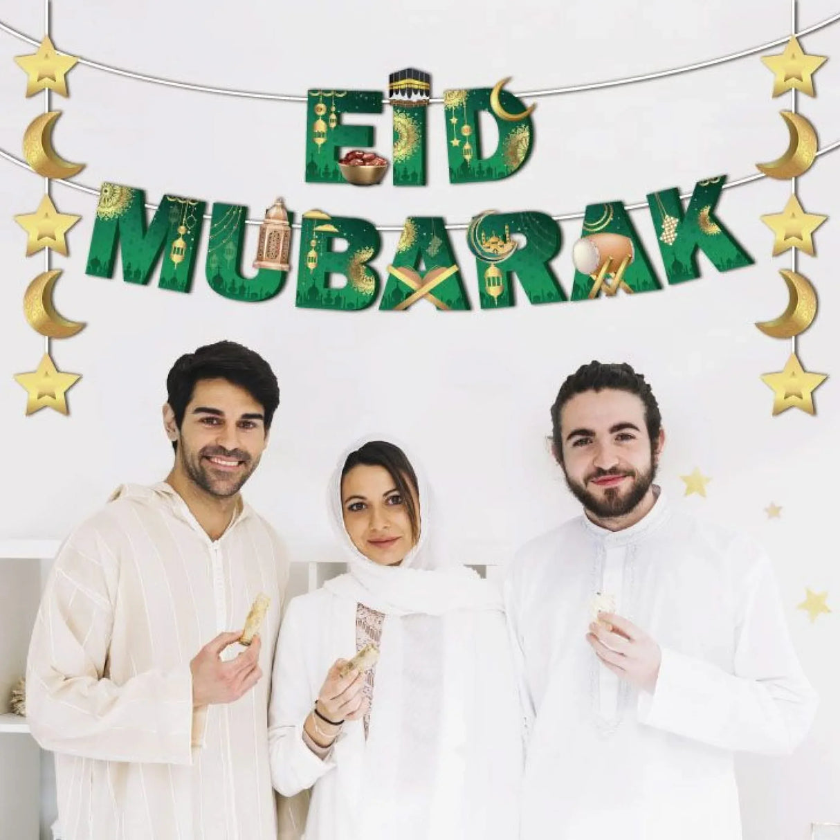 4 Pcs Eid Mubarak Banner Ramadan Decoration Muslim Party Supplies Kareem Hanging Banner for Home Eid Al Fitr Wall Decor with Moon Star Lantern Sign Bunting Backdrop Banner for Fireplace - LoveNspire