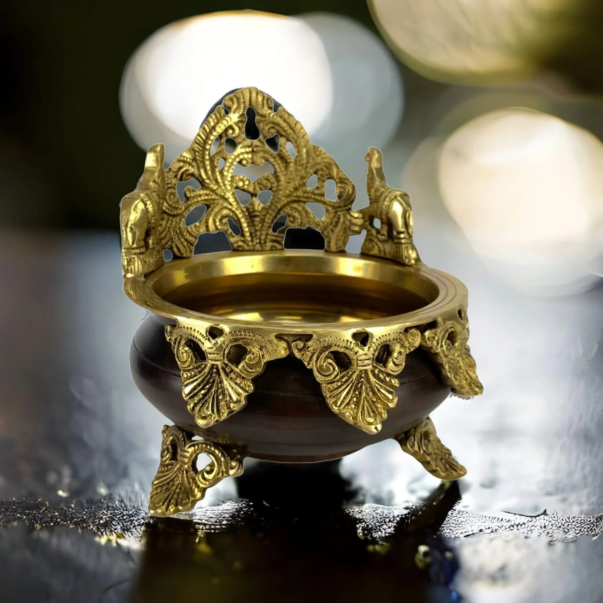 Brass Urli Bowl Elephant Design 6.5 Inch Indian Ethnic Urli Bowls for Floating Flowers Tea Light Candles Home Office Table Pooja Room Decor Diwali Decoration Showpiece Housewarming Gift - LoveNspire